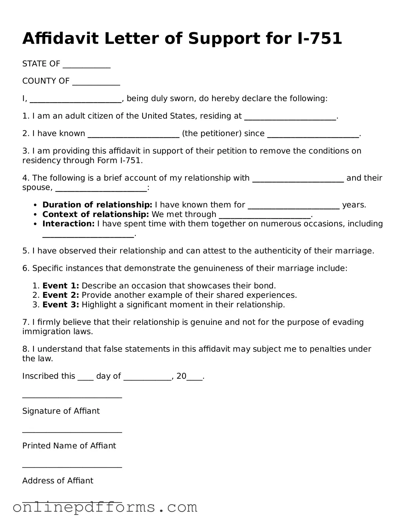 Legal Affidavit Letter of Support for I-751 Form