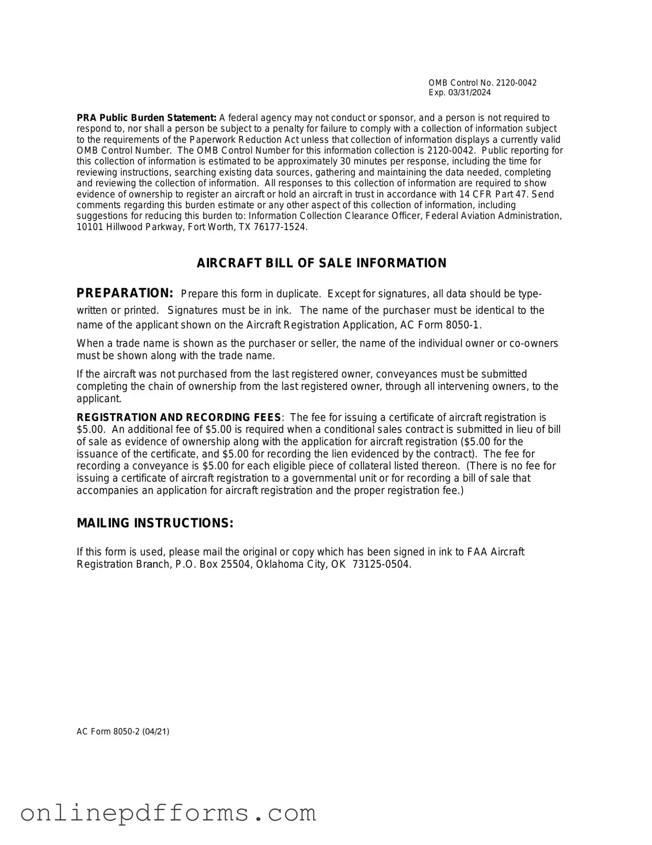 Fill in Your Aircraft Bill of Sale AC 8050-2 Template