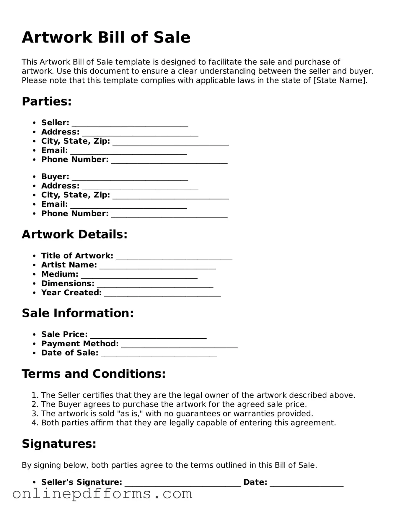 Legal Artwork Bill of Sale Form