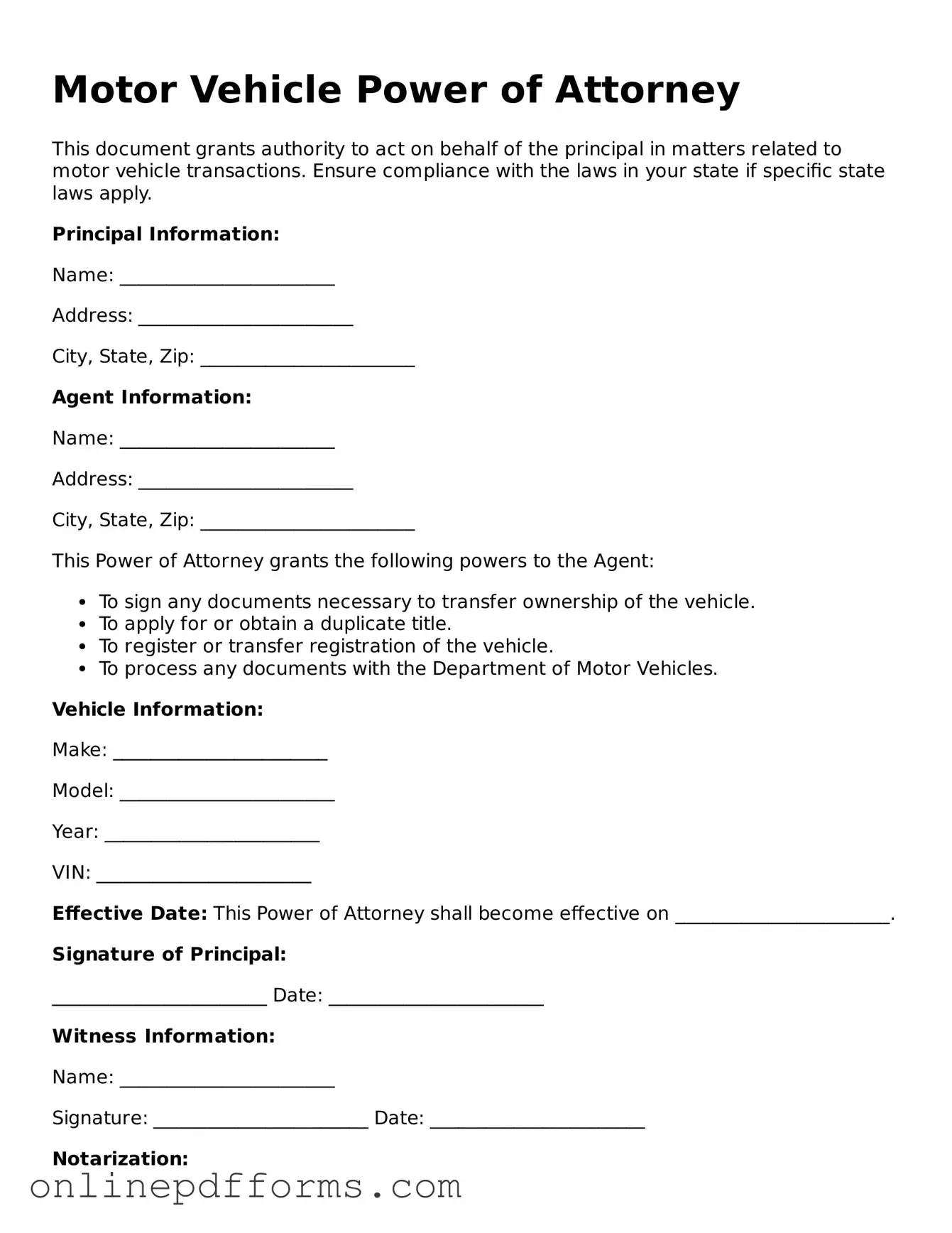 Legal Motor Vehicle Power of Attorney Form
