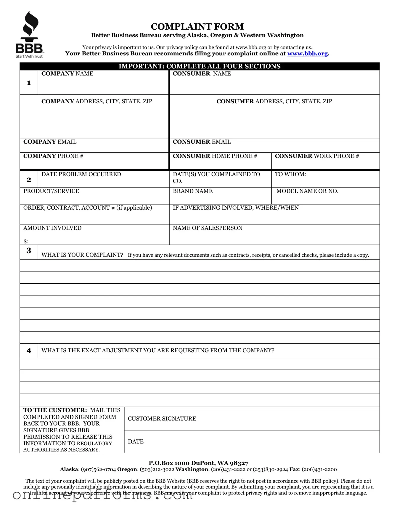Fill in Your Bbb Complaint Template