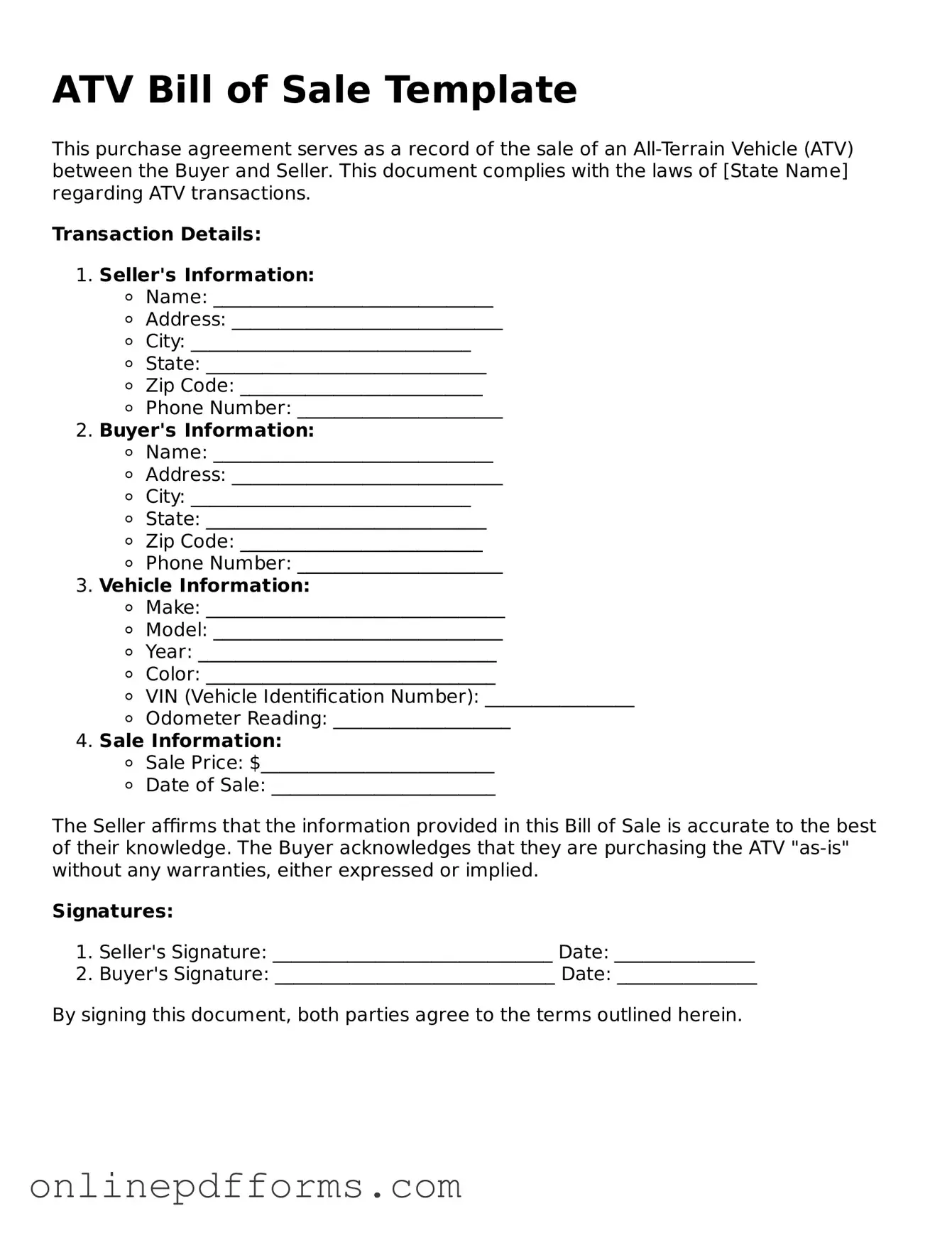 Legal ATV Bill of Sale Form