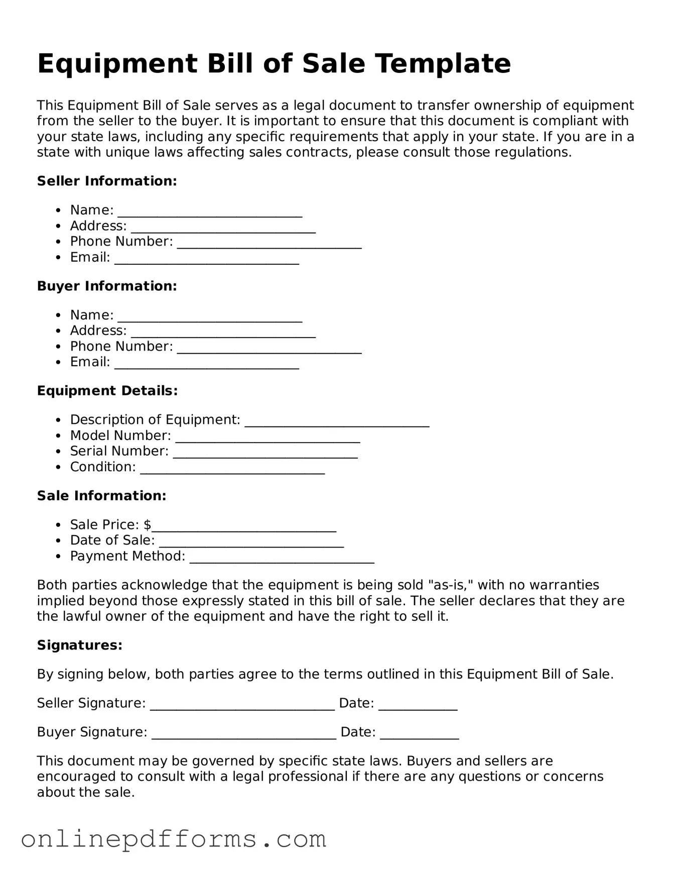 Legal Equipment Bill of Sale Form