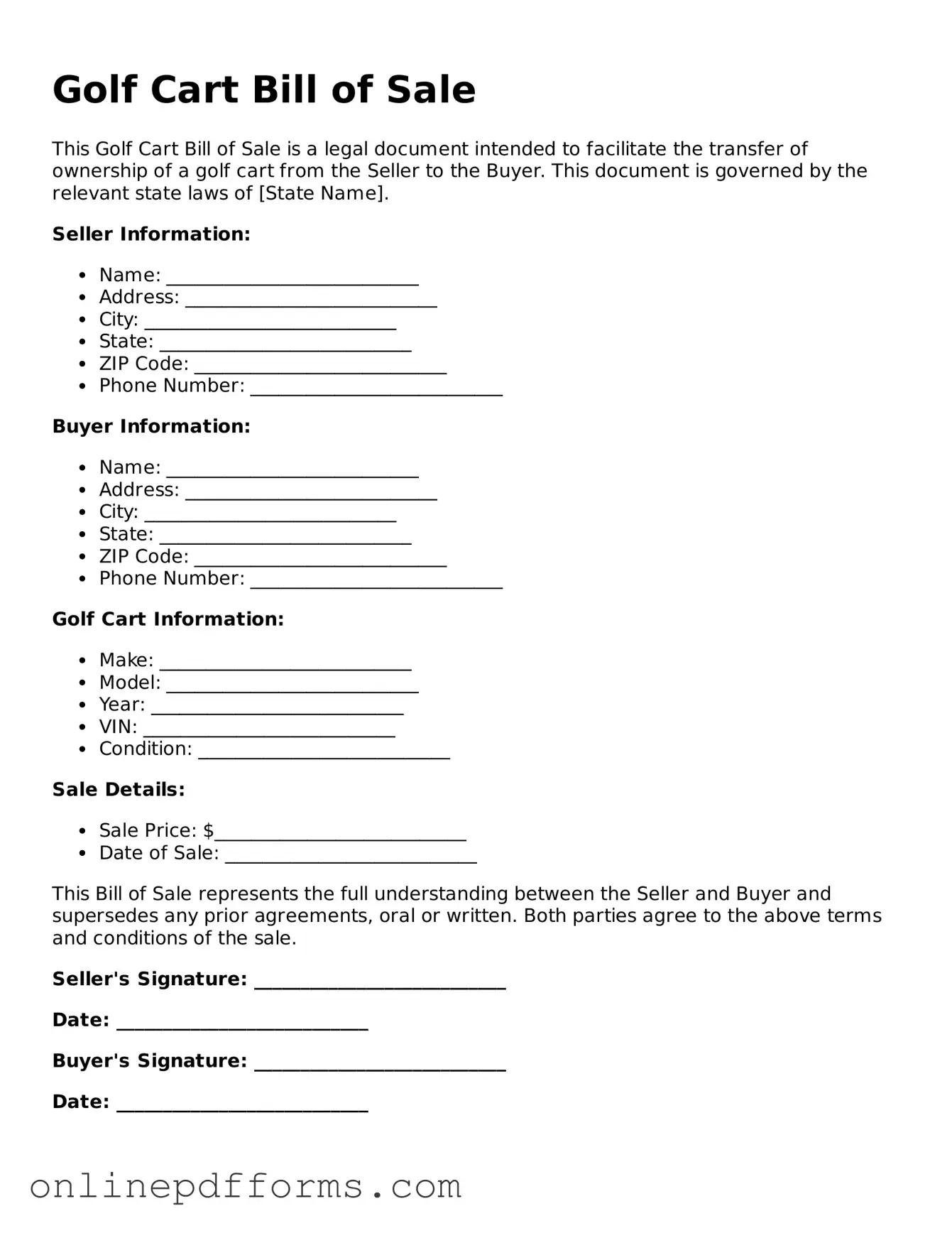 Legal Golf Cart Bill of Sale Form