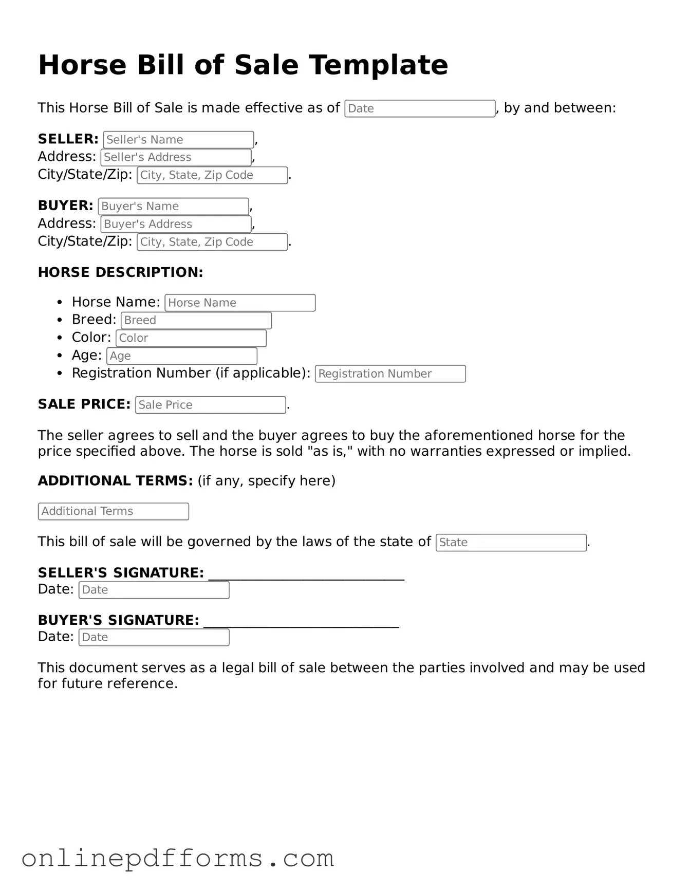 Legal Horse Bill of Sale Form