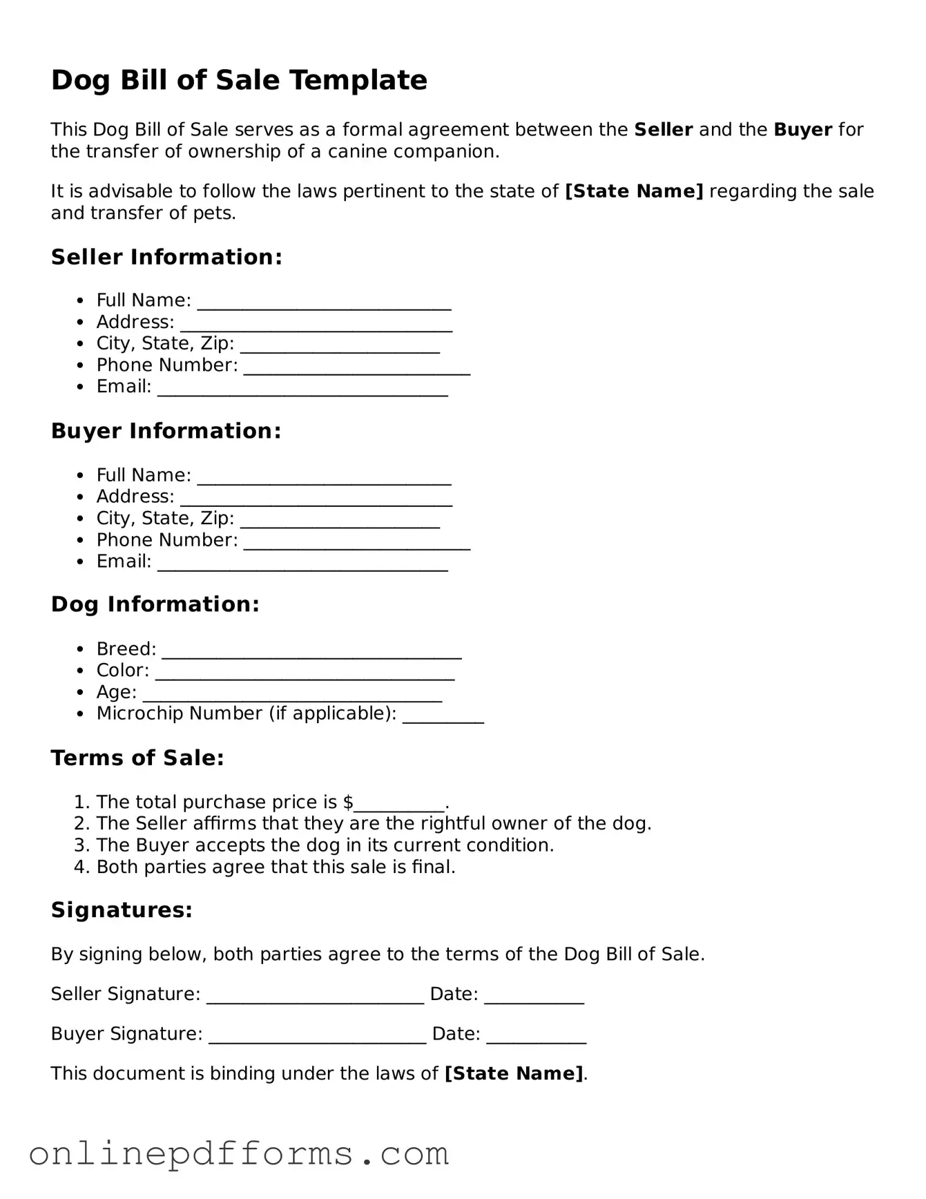 Legal Dog Bill of Sale Form