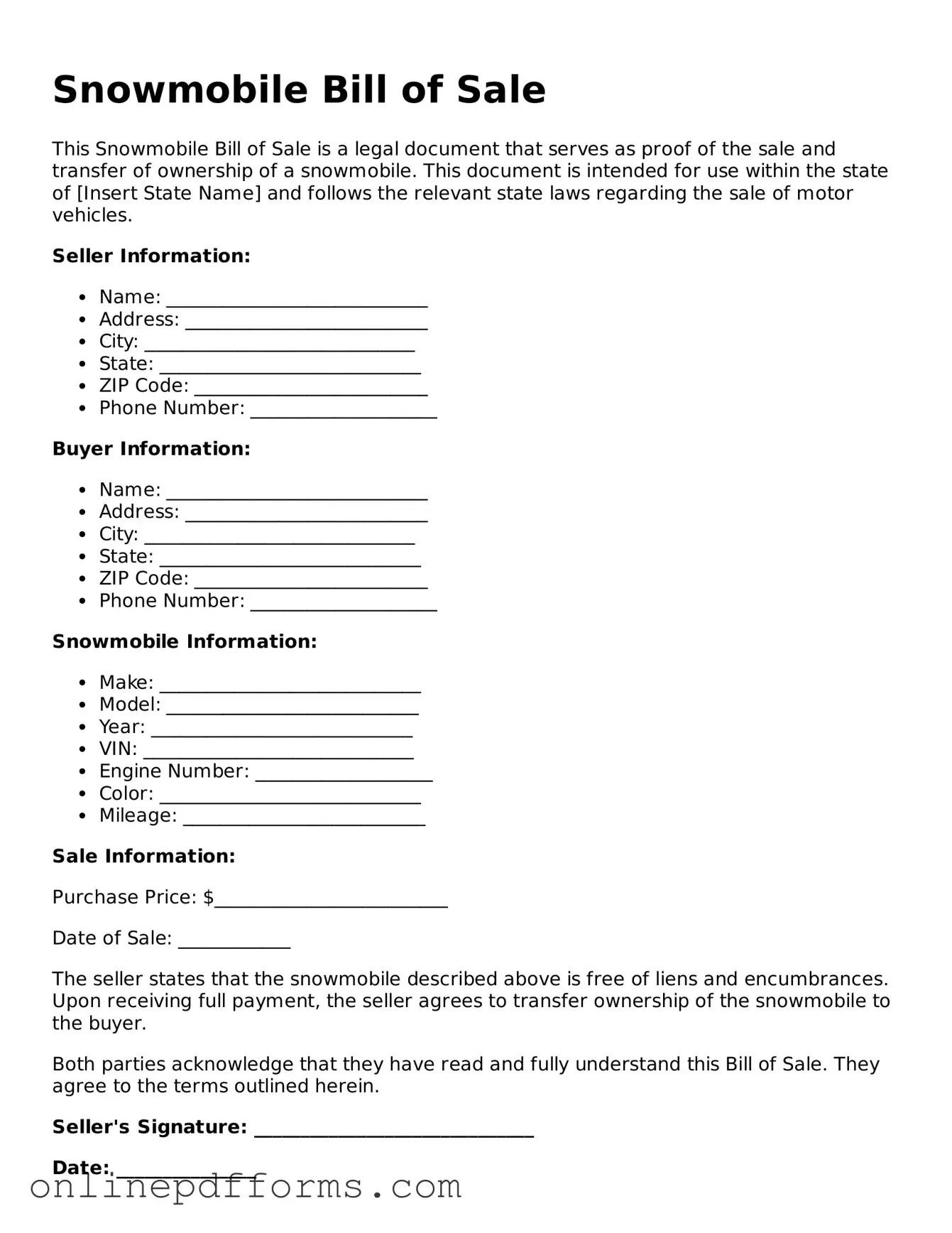 Legal Snowmobile Bill of Sale Form