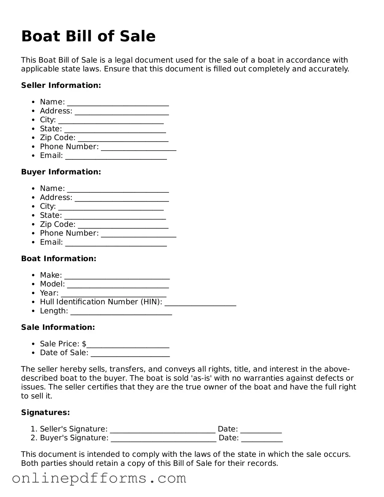 Legal Boat Bill of Sale Form