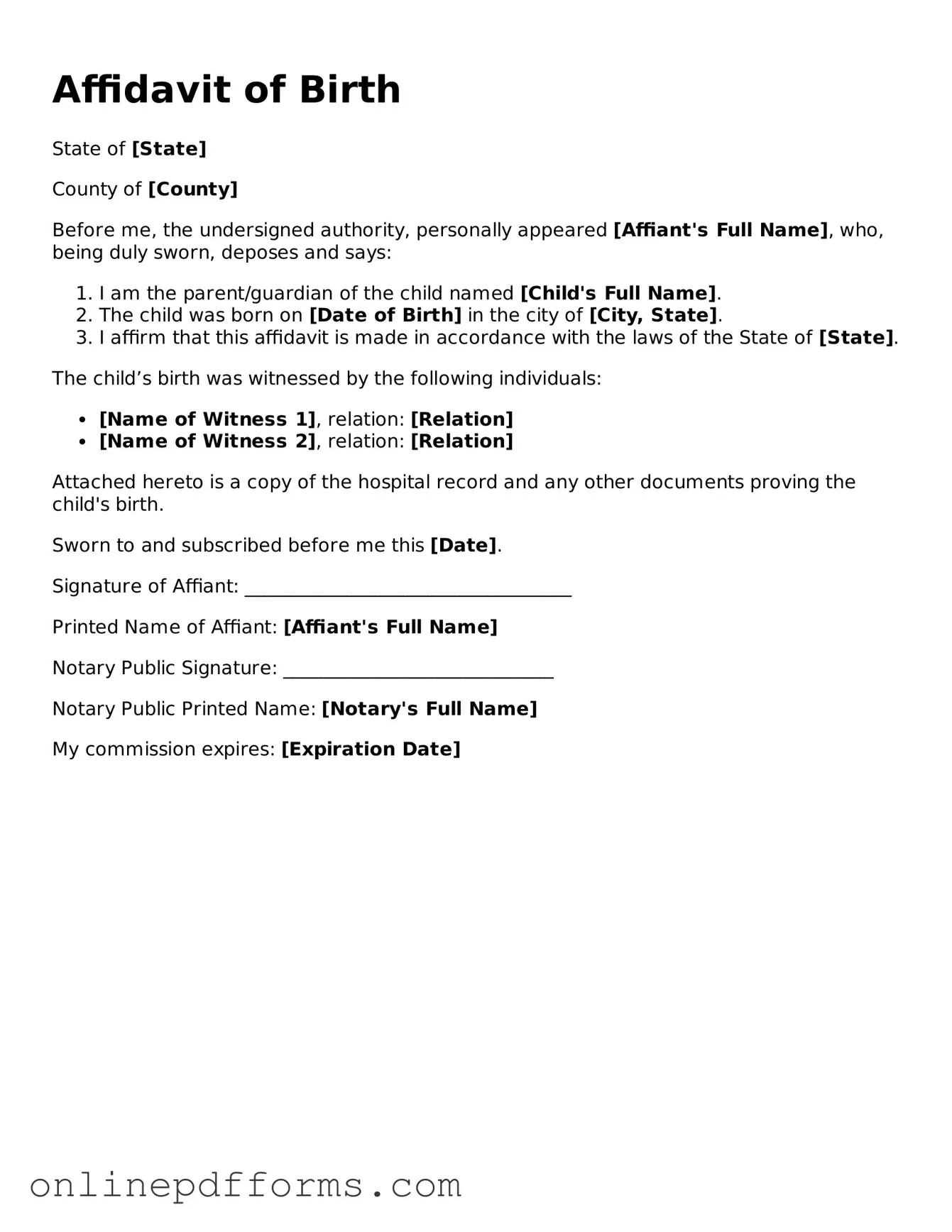 Legal Affidavit of Birth Form