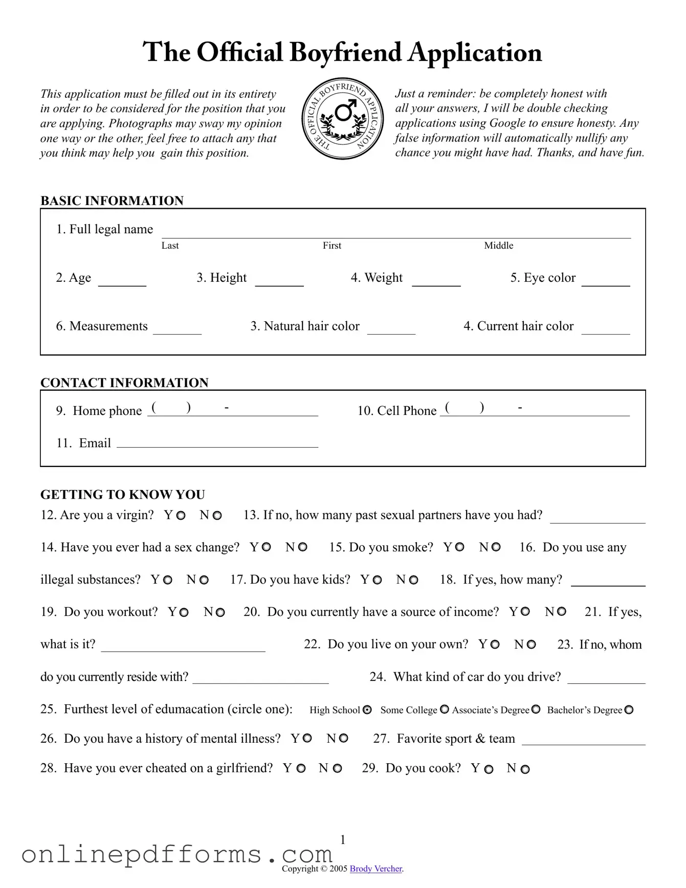 Fill in Your Boyfriend application form Template