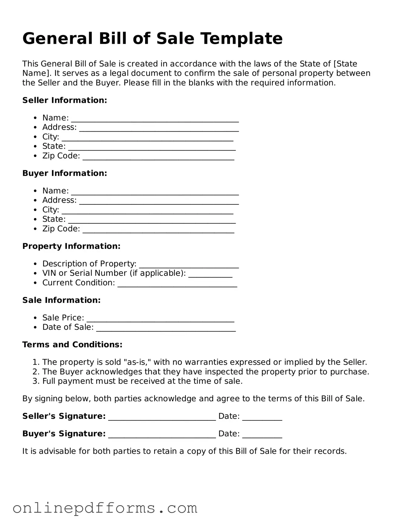 Legal General Bill of Sale Form