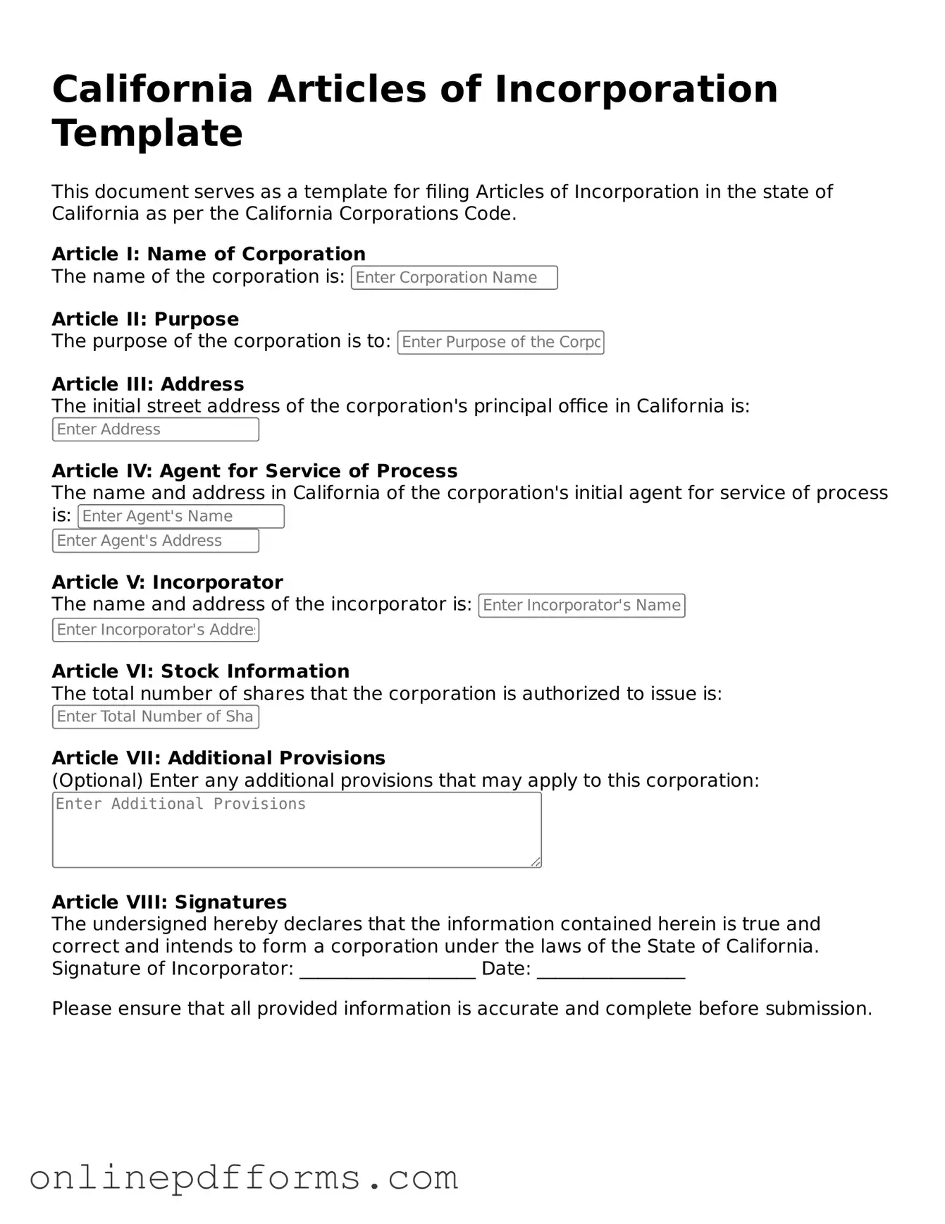 Blank California Articles of Incorporation Form