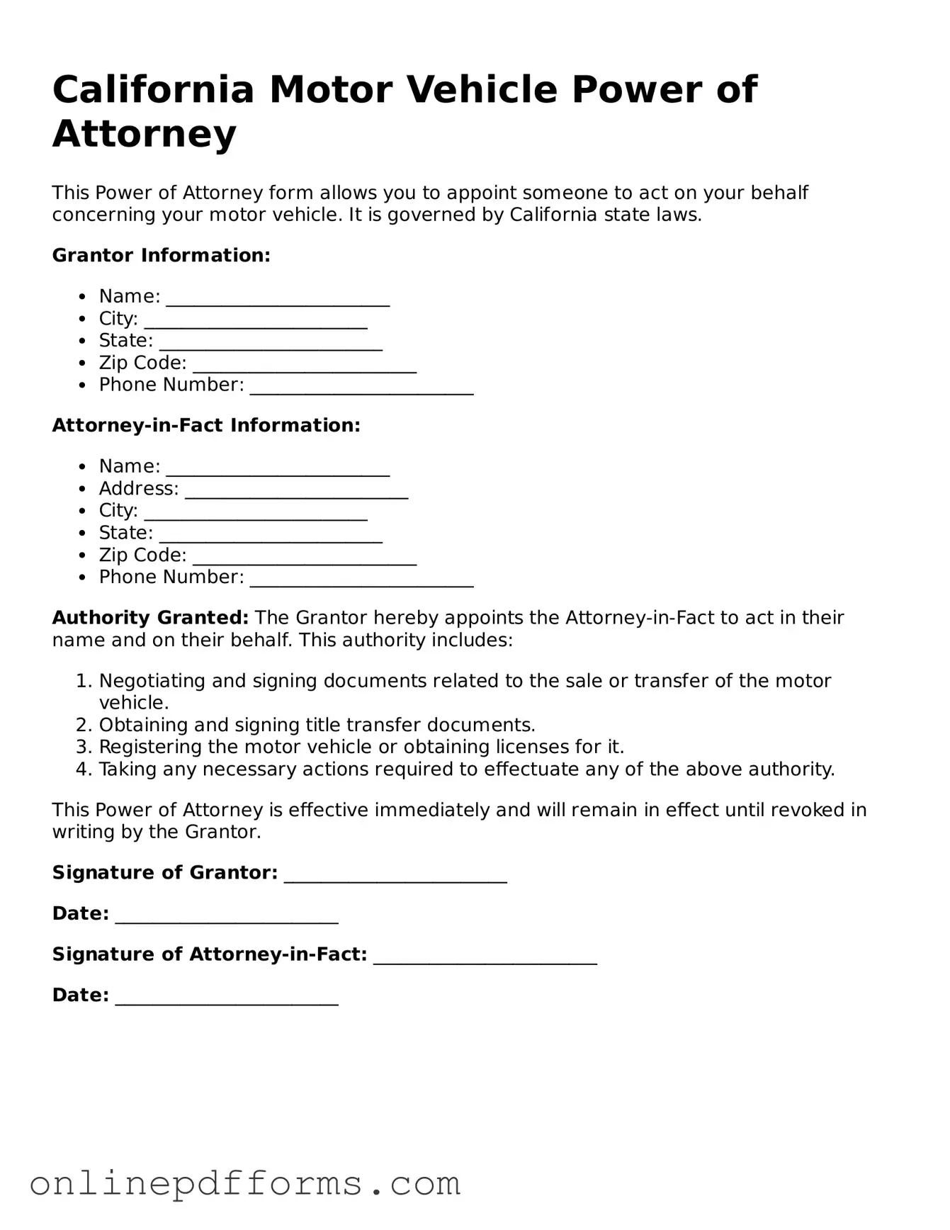 Blank California Motor Vehicle Power of Attorney Form