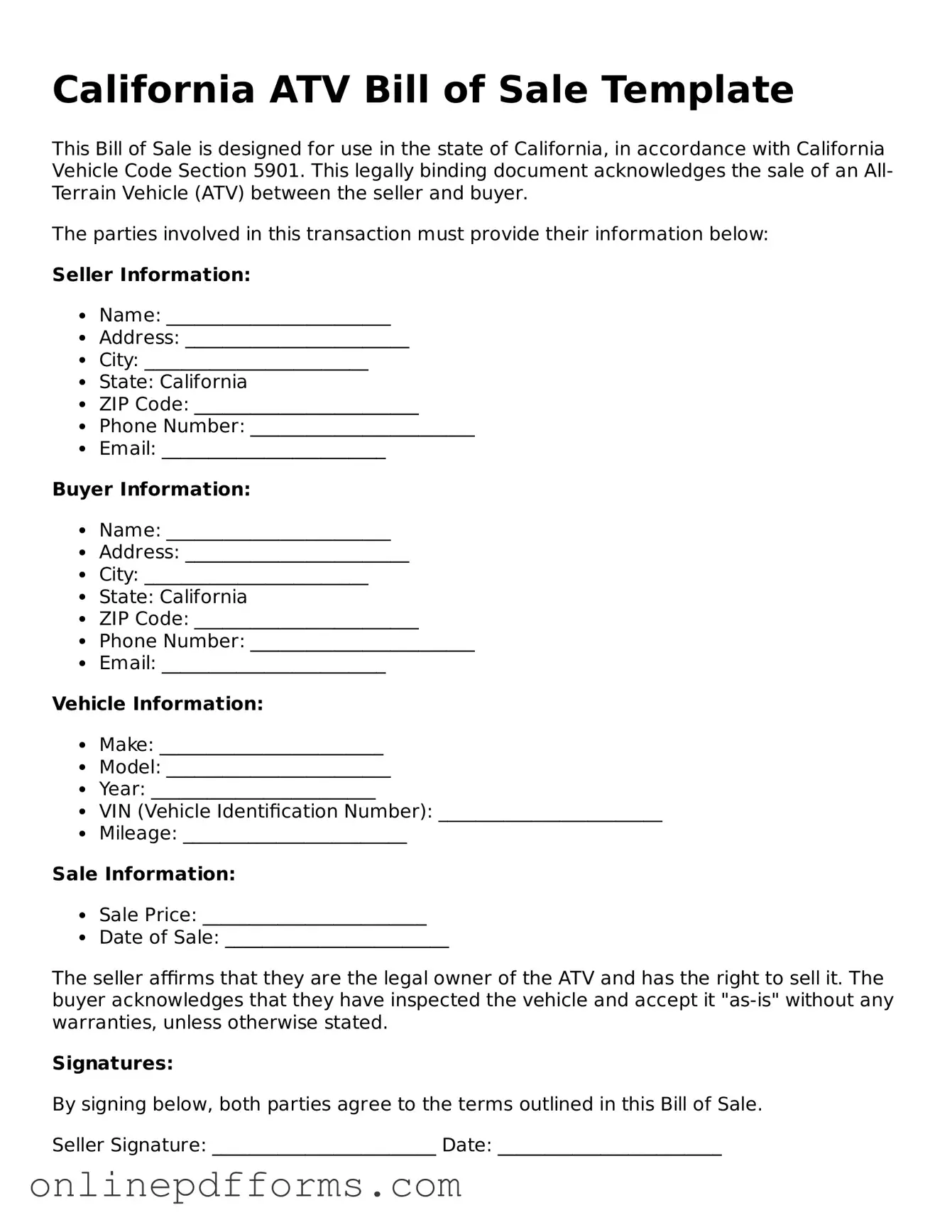 Blank California ATV Bill of Sale Form