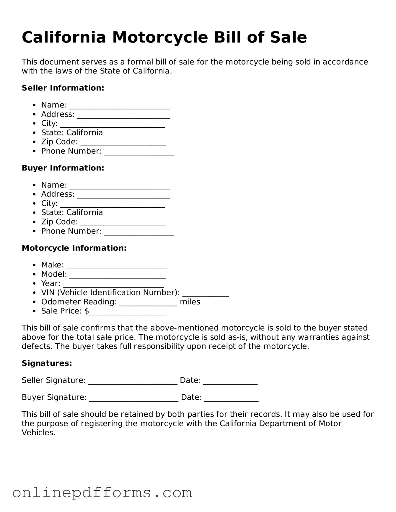 Blank California Motorcycle Bill of Sale Form