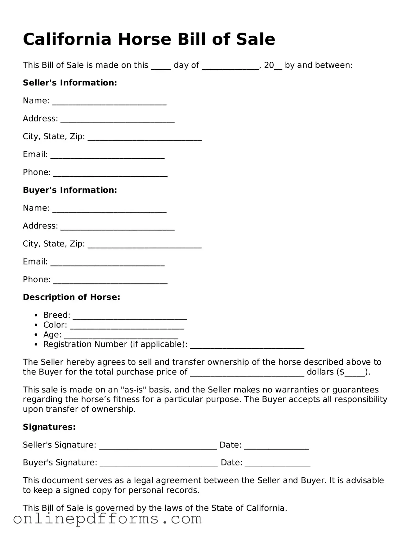 Blank California Horse Bill of Sale Form