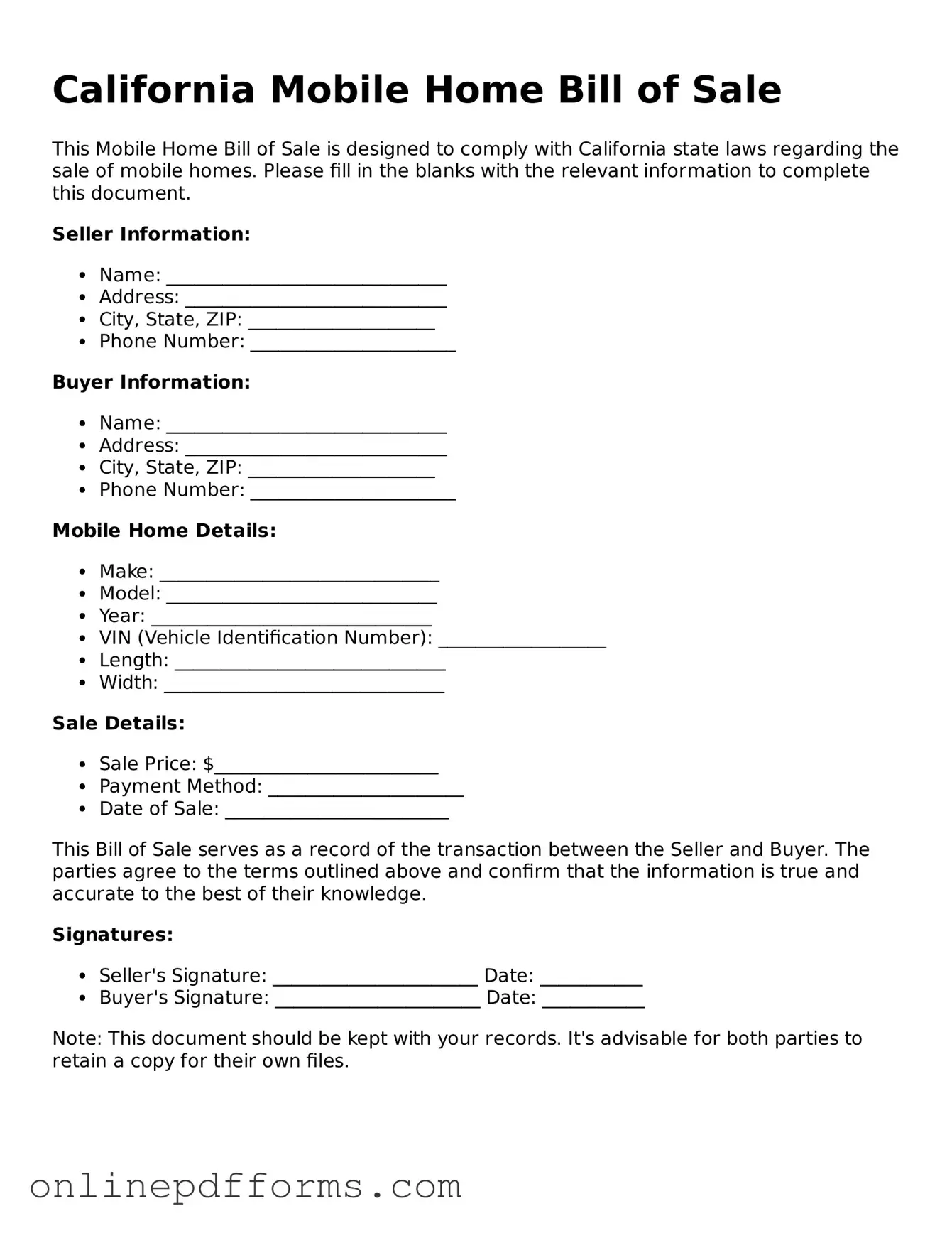 Blank California Mobile Home Bill of Sale Form