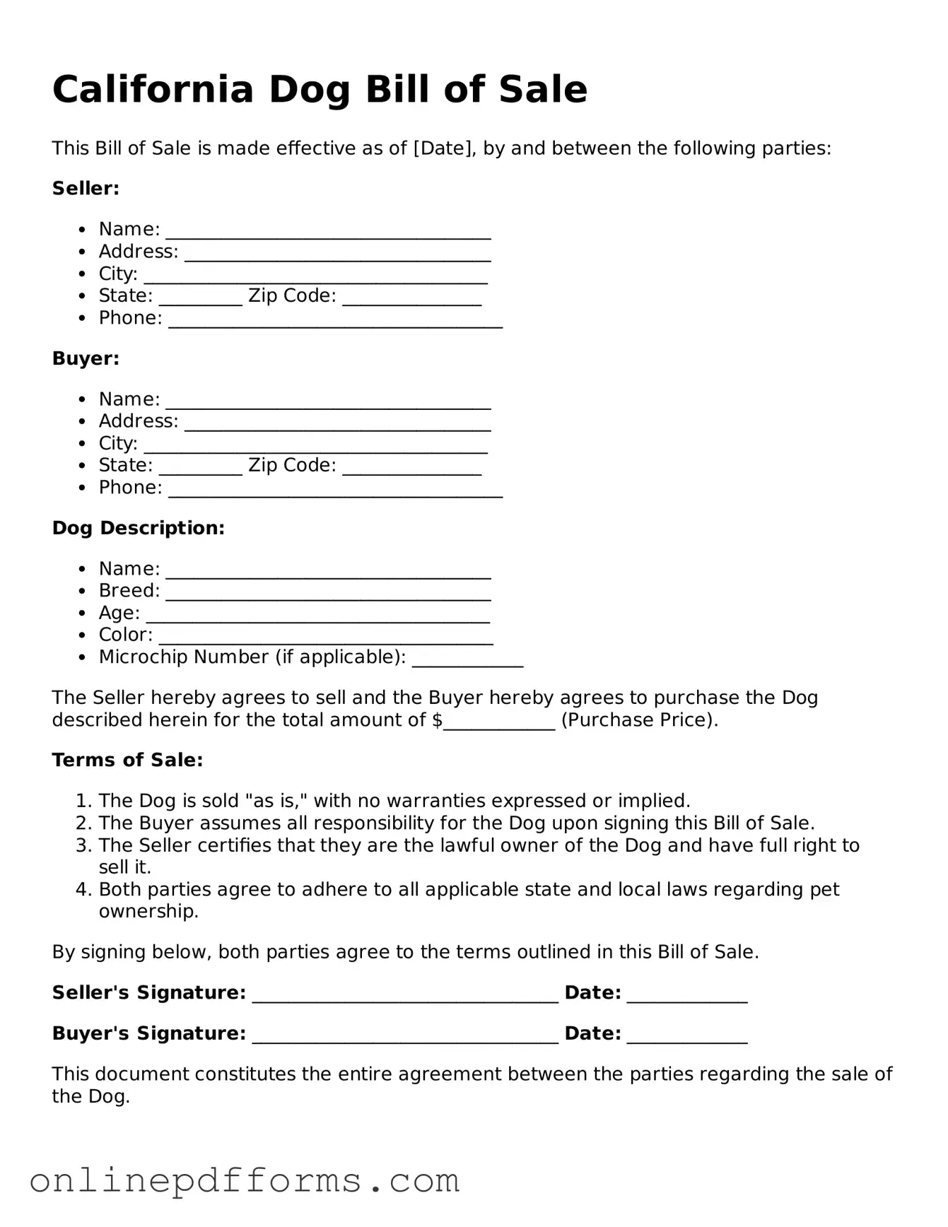 Blank California Dog Bill of Sale Form