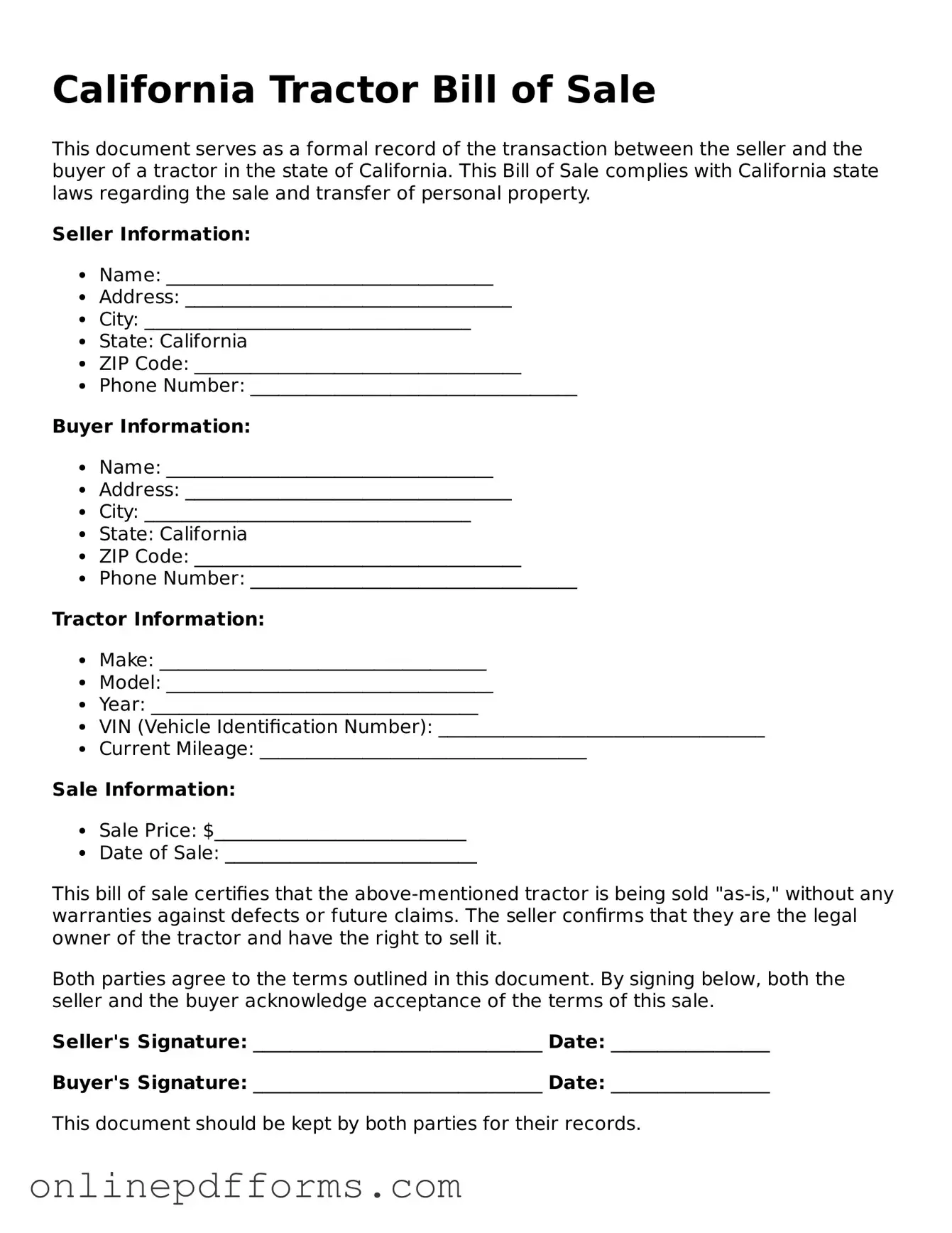 Blank California Tractor Bill of Sale Form