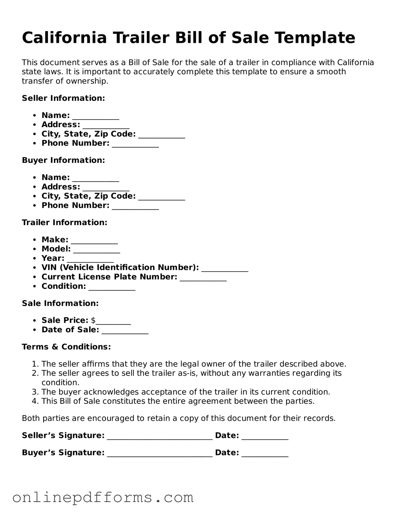 Blank California Trailer Bill of Sale Form