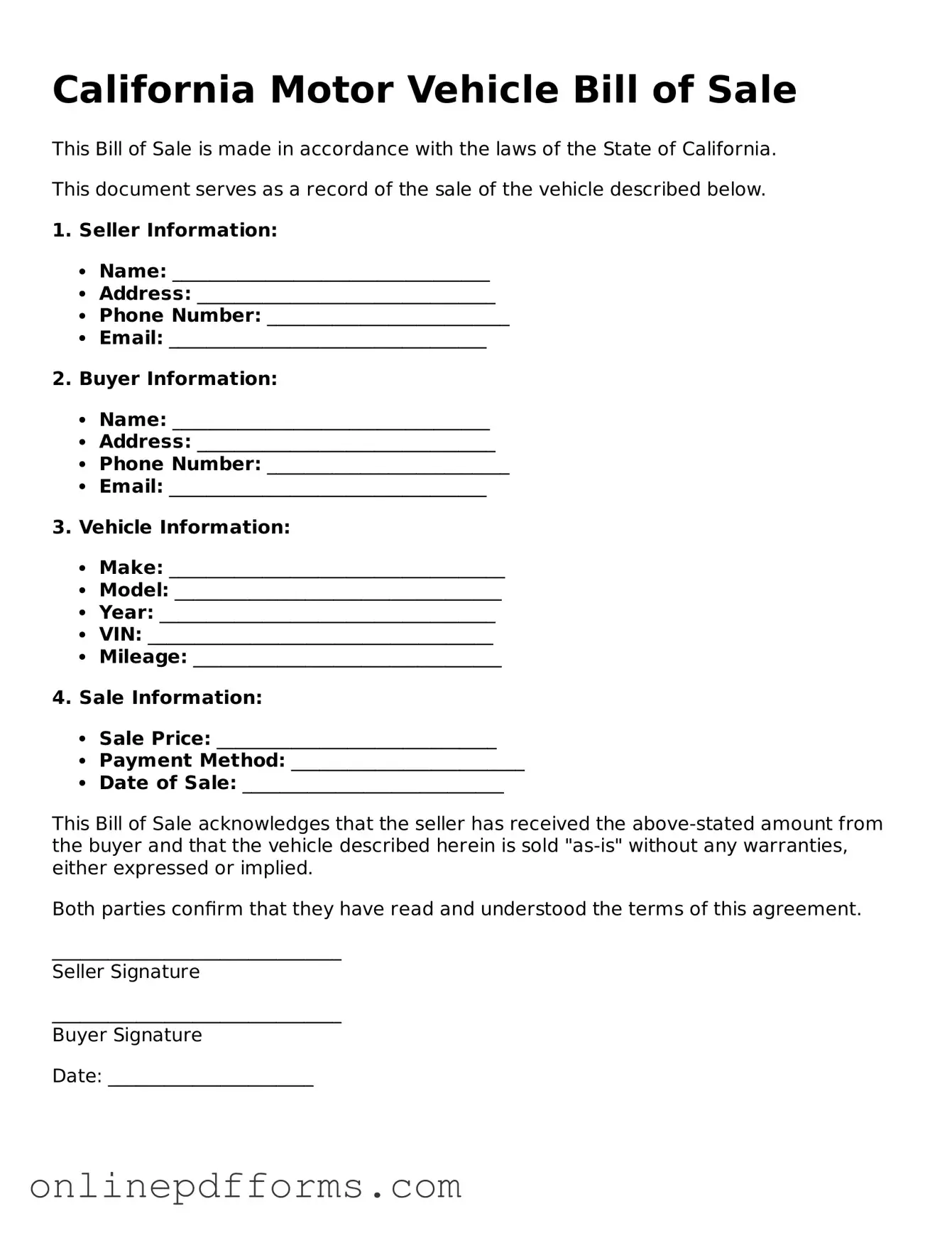 Blank California Motor Vehicle Bill of Sale Form