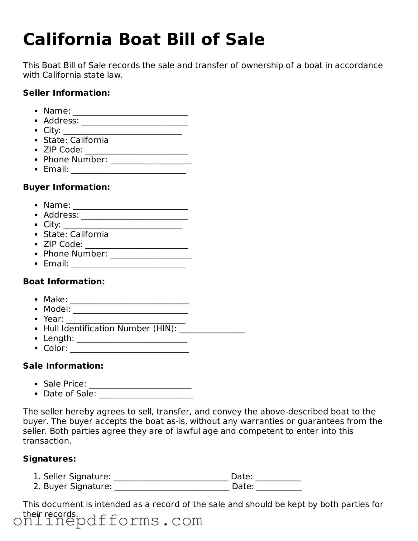 Blank California Boat Bill of Sale Form