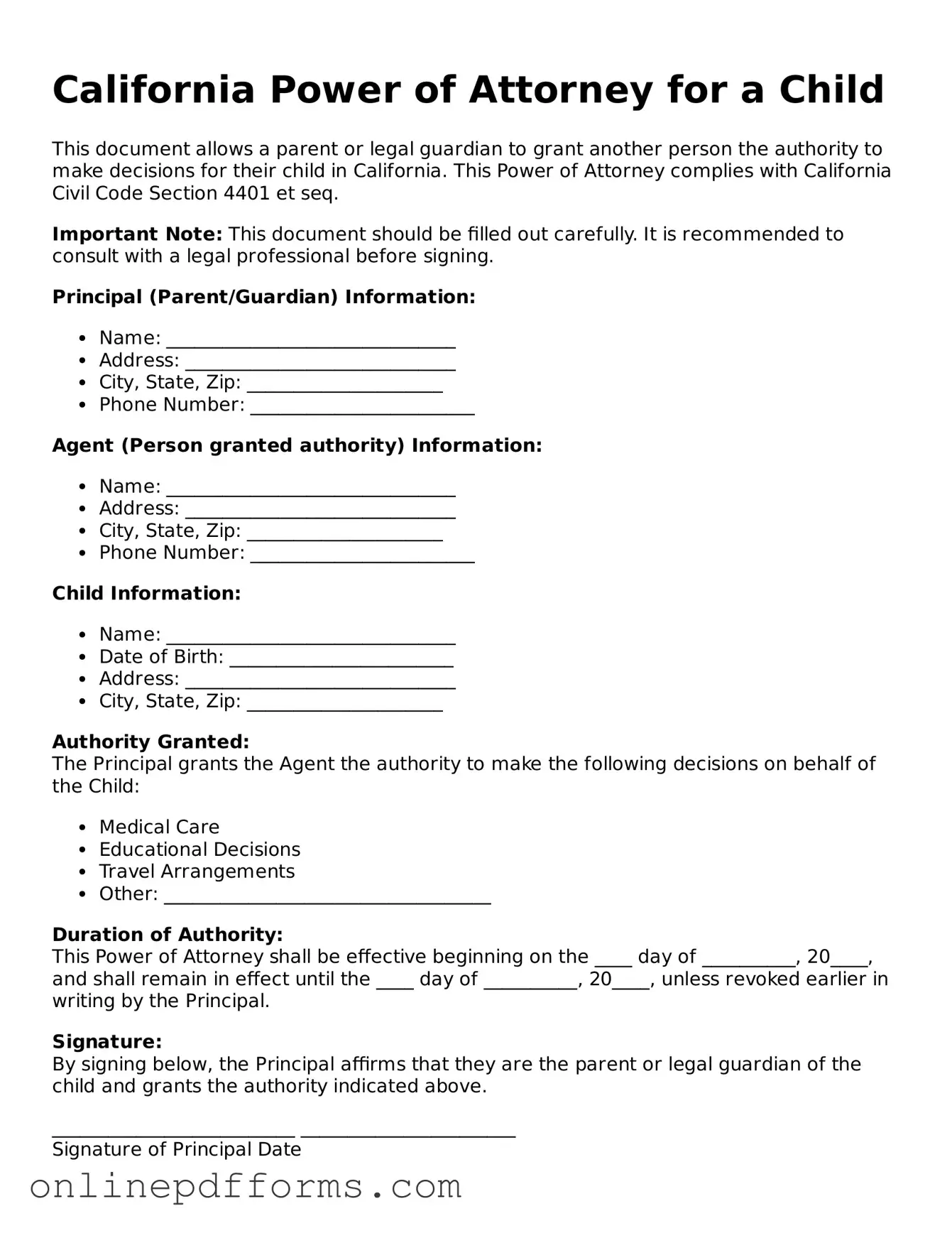 Blank California Power of Attorney for a Child Form