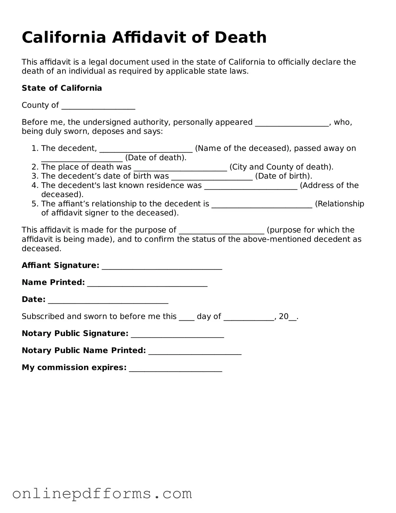 Blank California Affidavit of Death Form