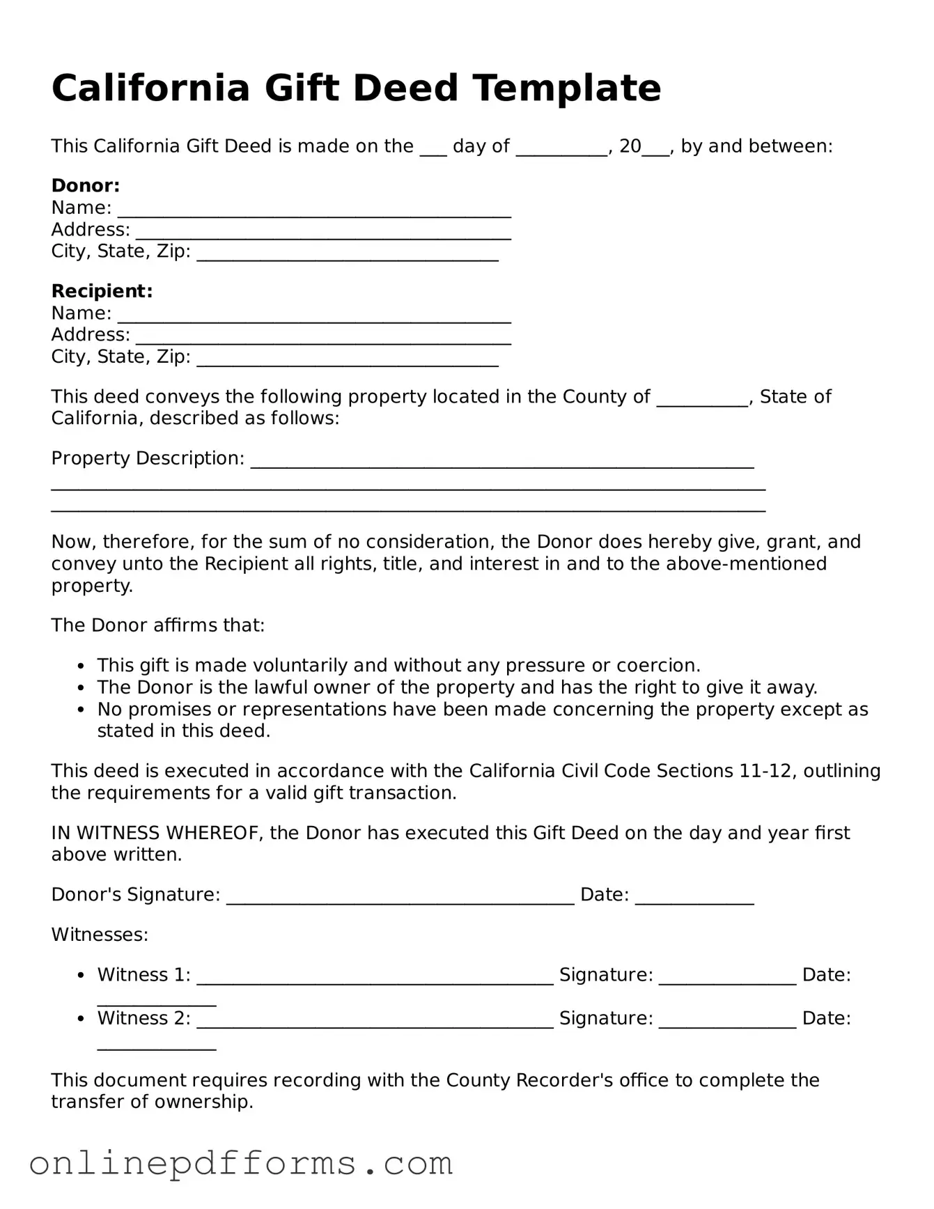 Blank California Gift Deed Form