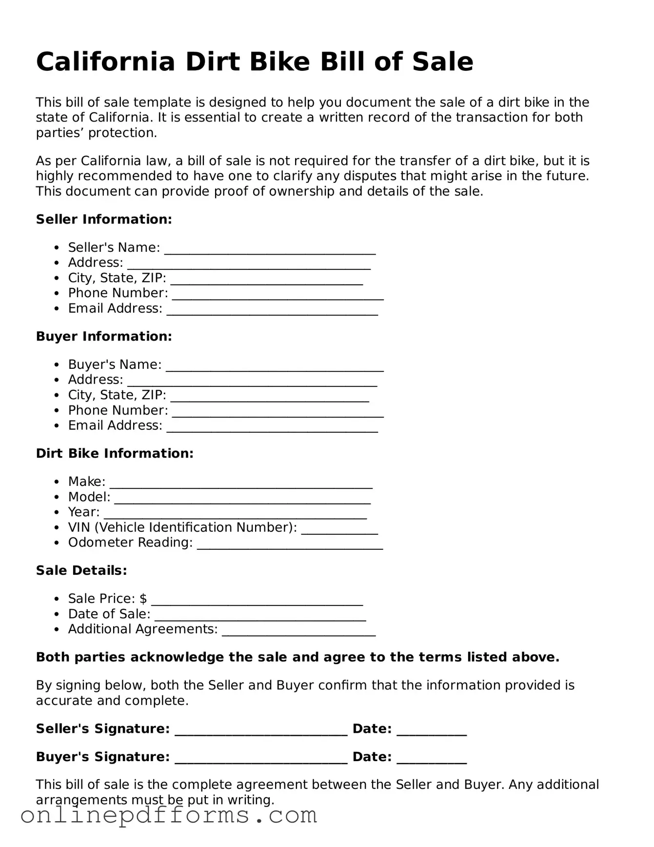 Blank California Dirt Bike Bill of Sale Form