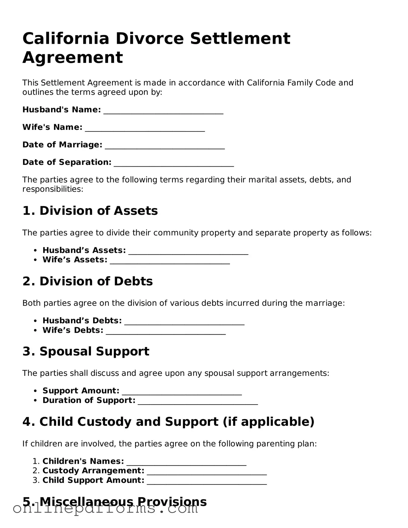 Blank California Divorce Settlement Agreement Form