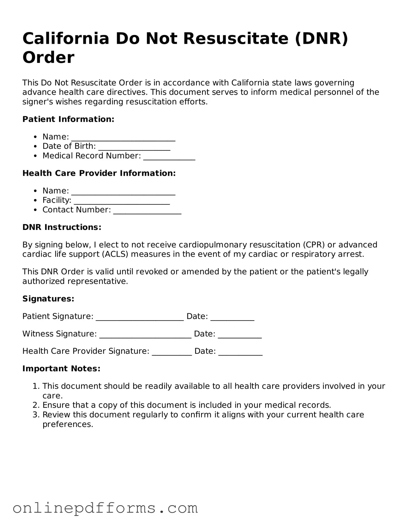 Blank California Do Not Resuscitate Order Form
