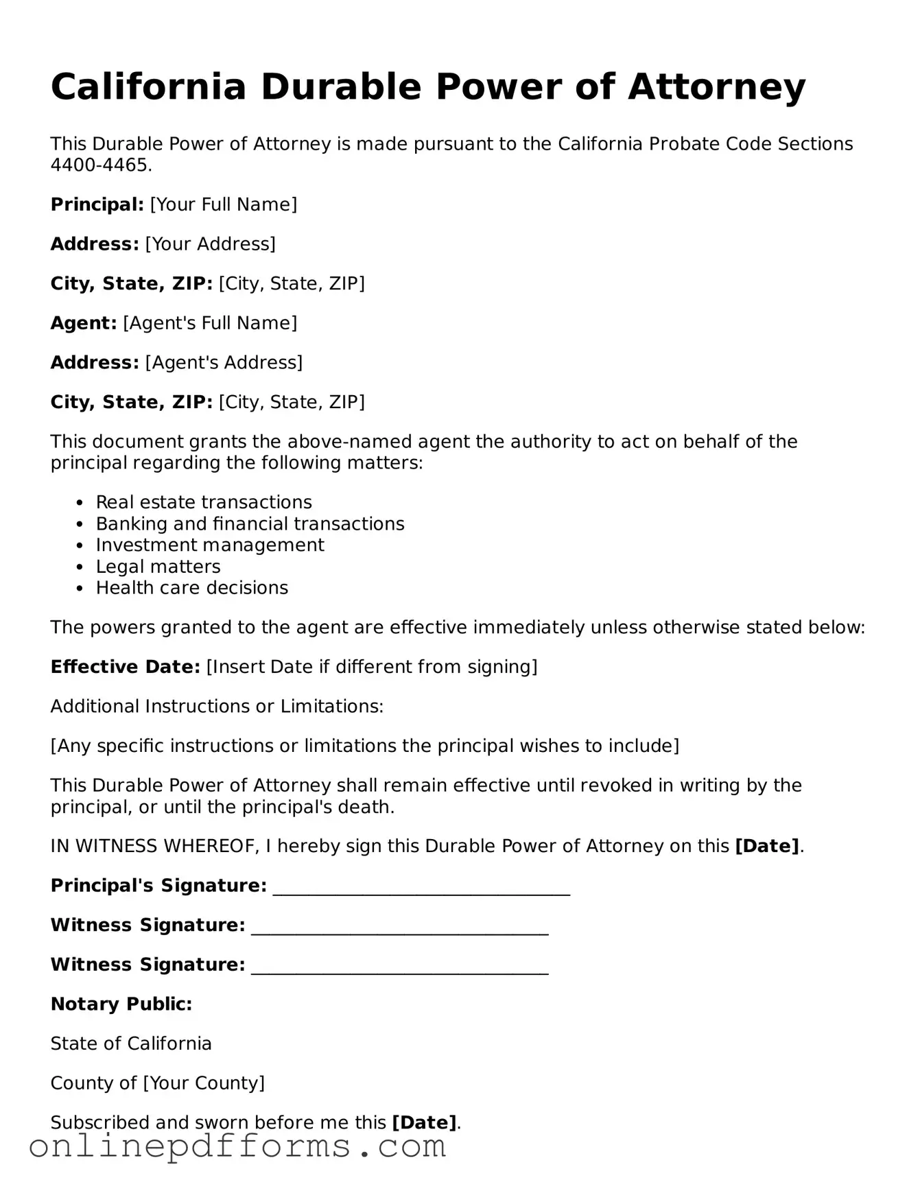 Blank California Durable Power of Attorney Form