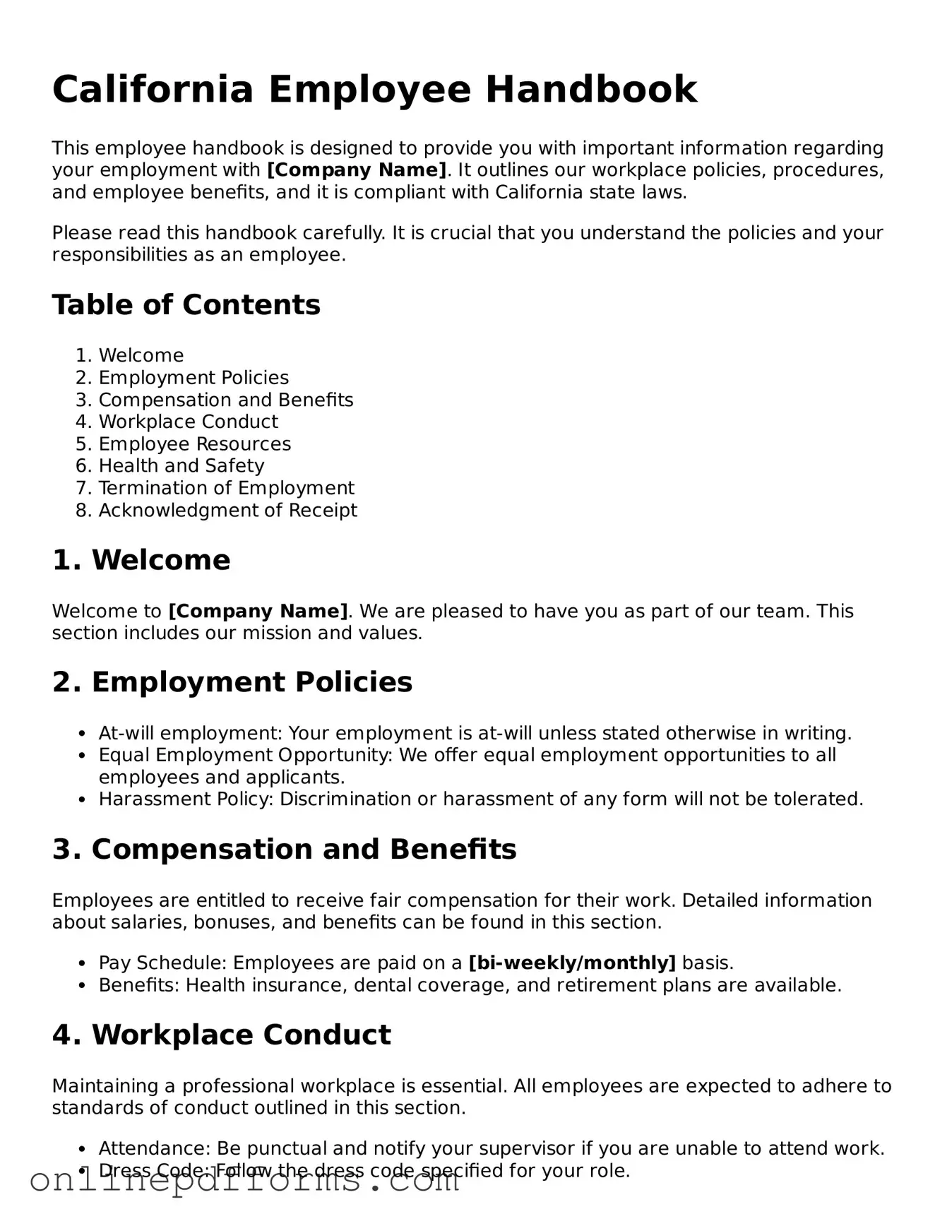 Blank California Employee Handbook Form