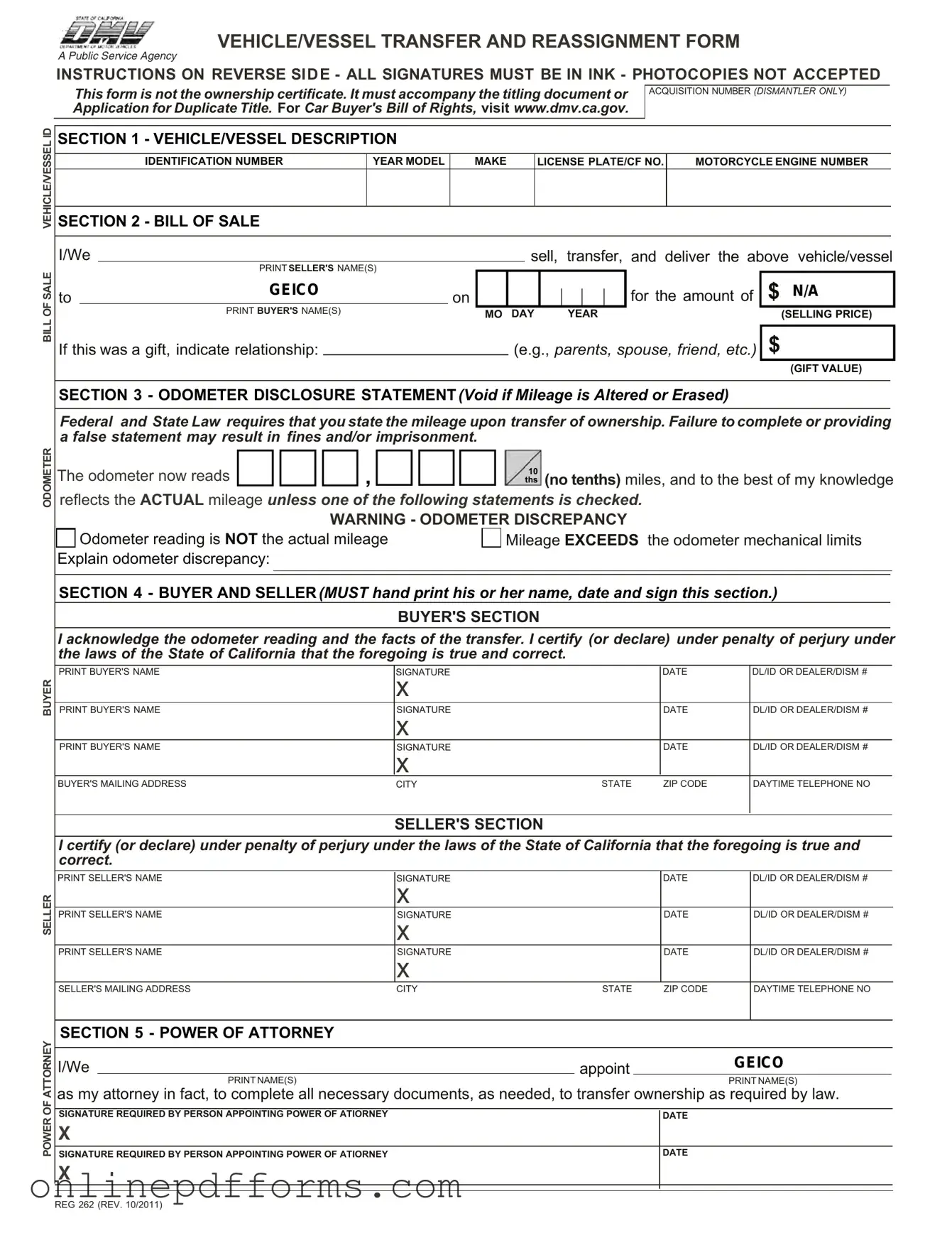 Fill in Your California Fotm Reg 262 Template