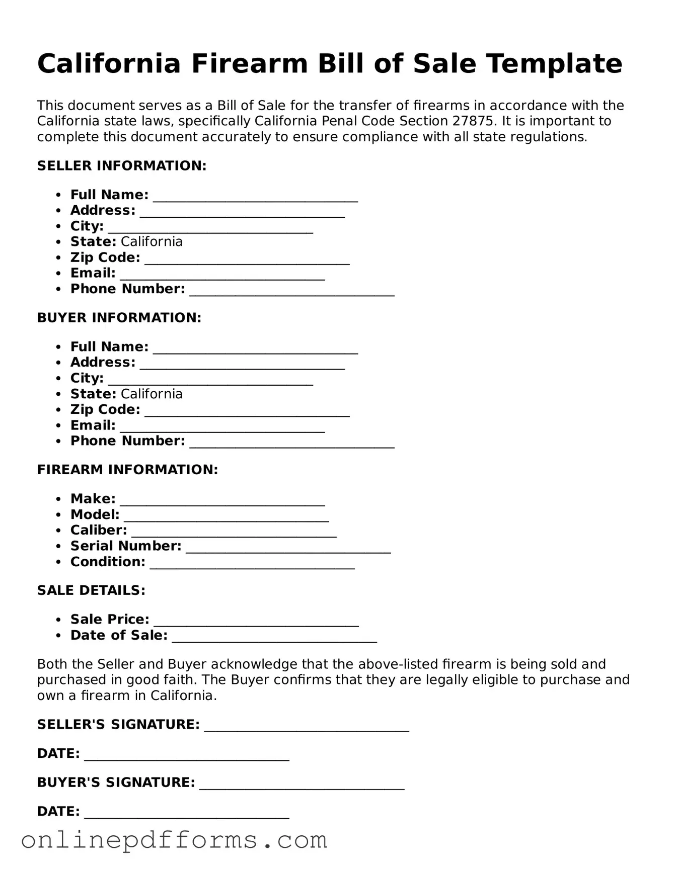 Blank California Firearm Bill of Sale Form