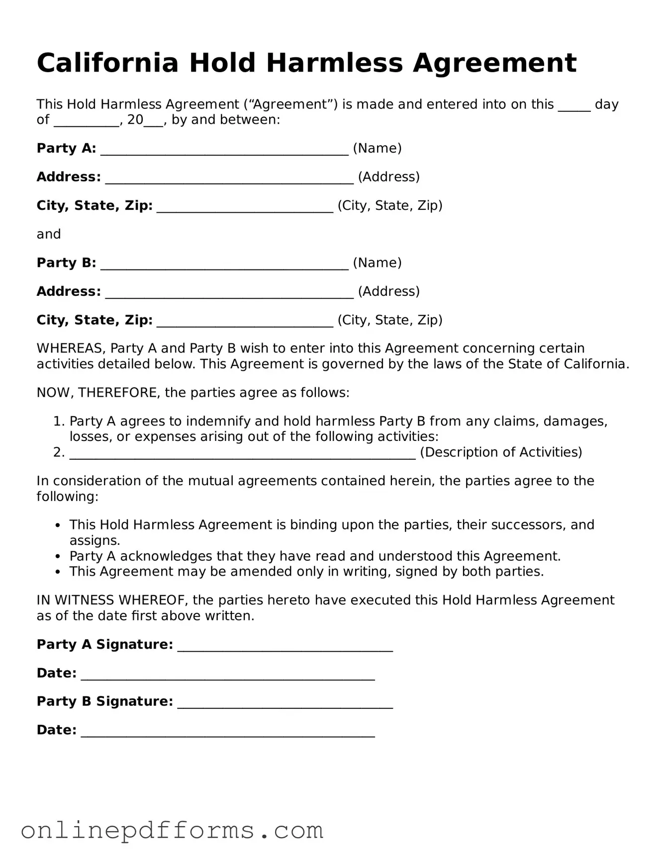 Blank California Hold Harmless Agreement Form