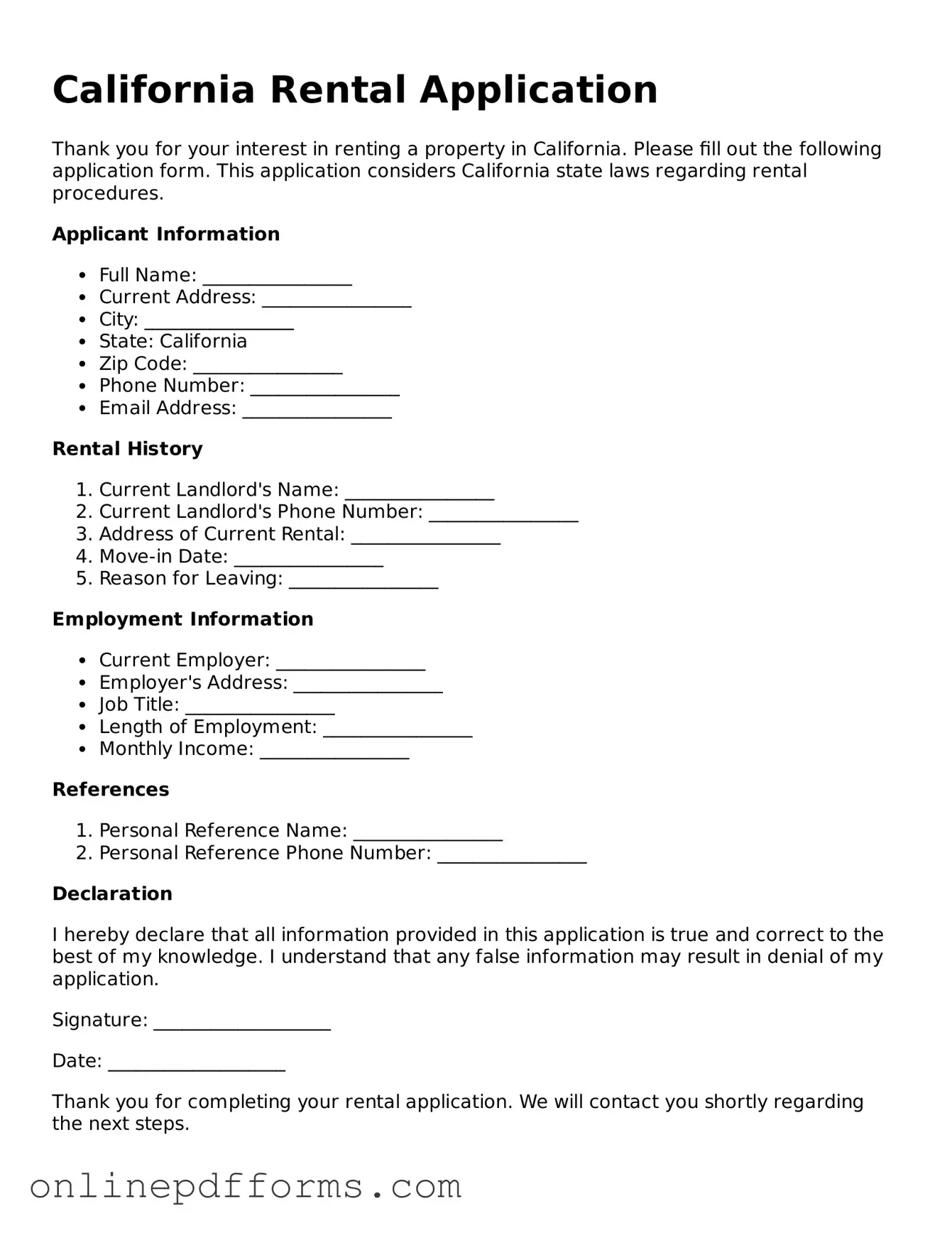 Blank California Rental Application Form