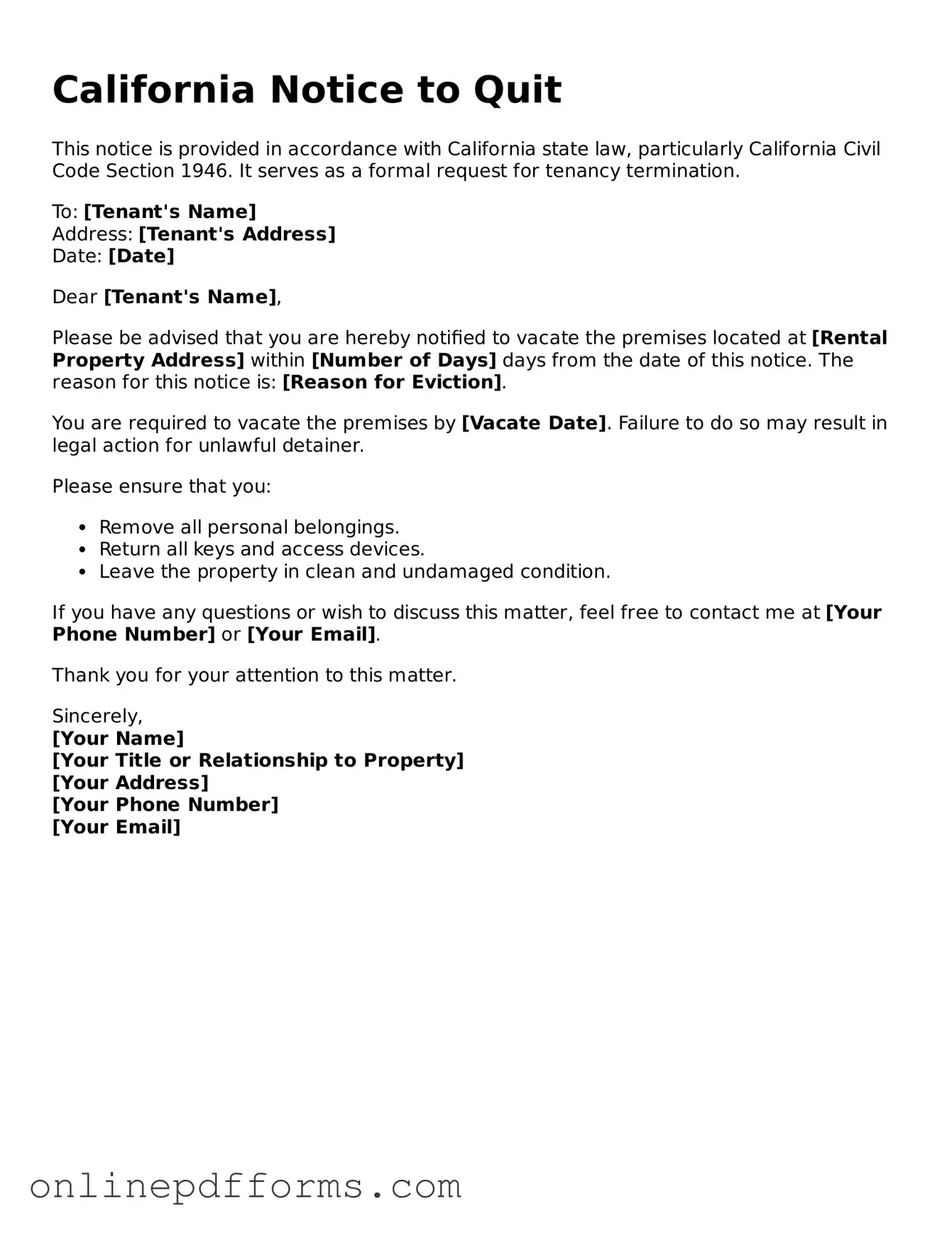 Blank California Notice to Quit Form