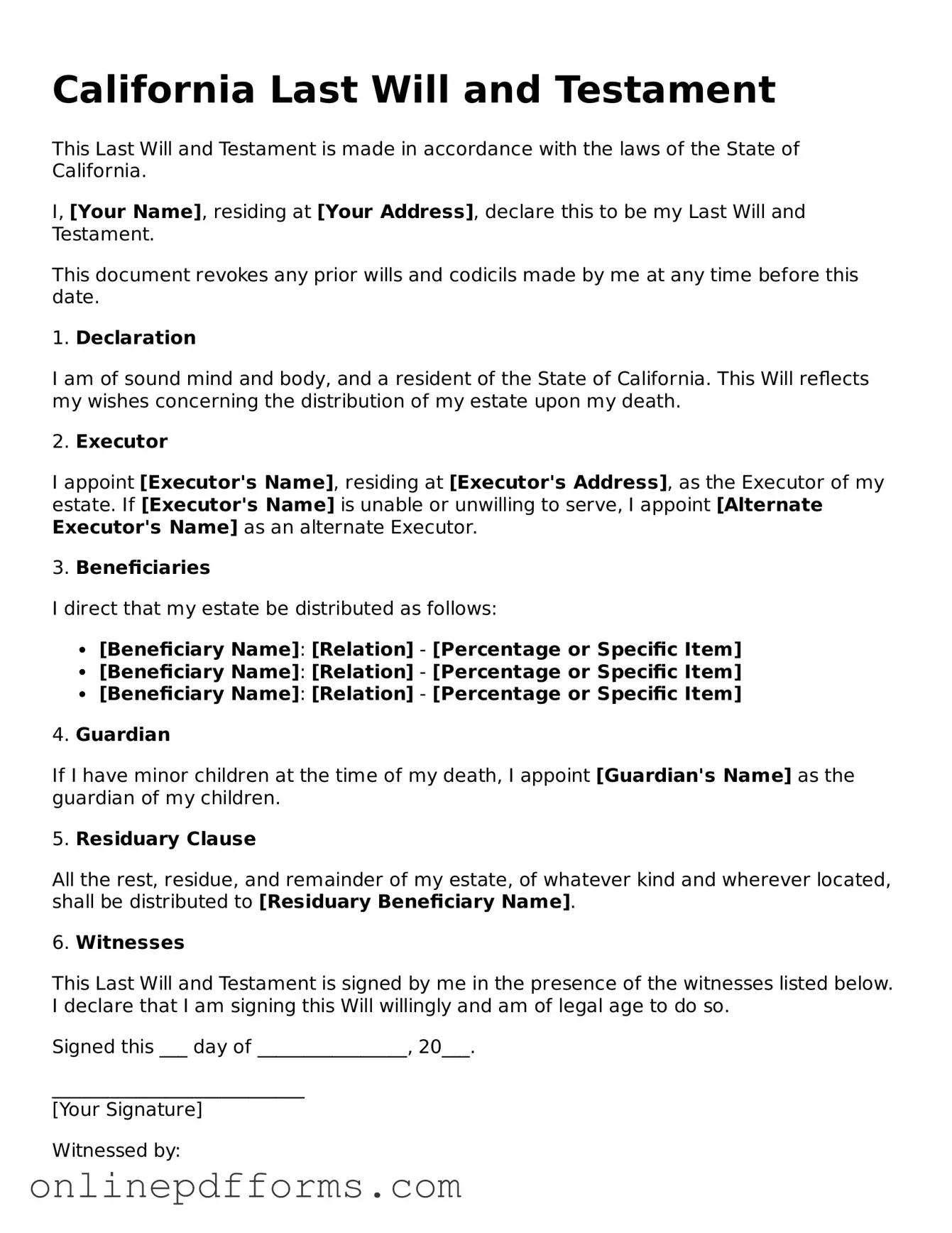 Blank California Last Will and Testament Form