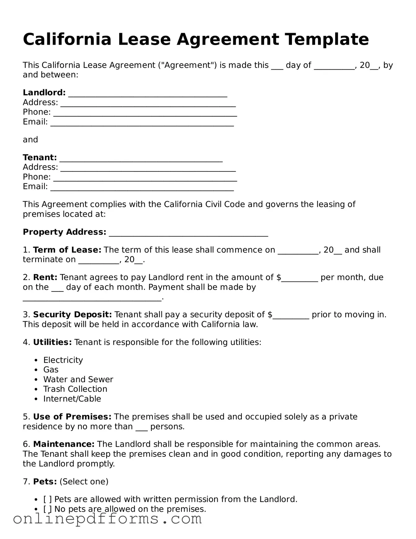 Blank California Lease Agreement Form