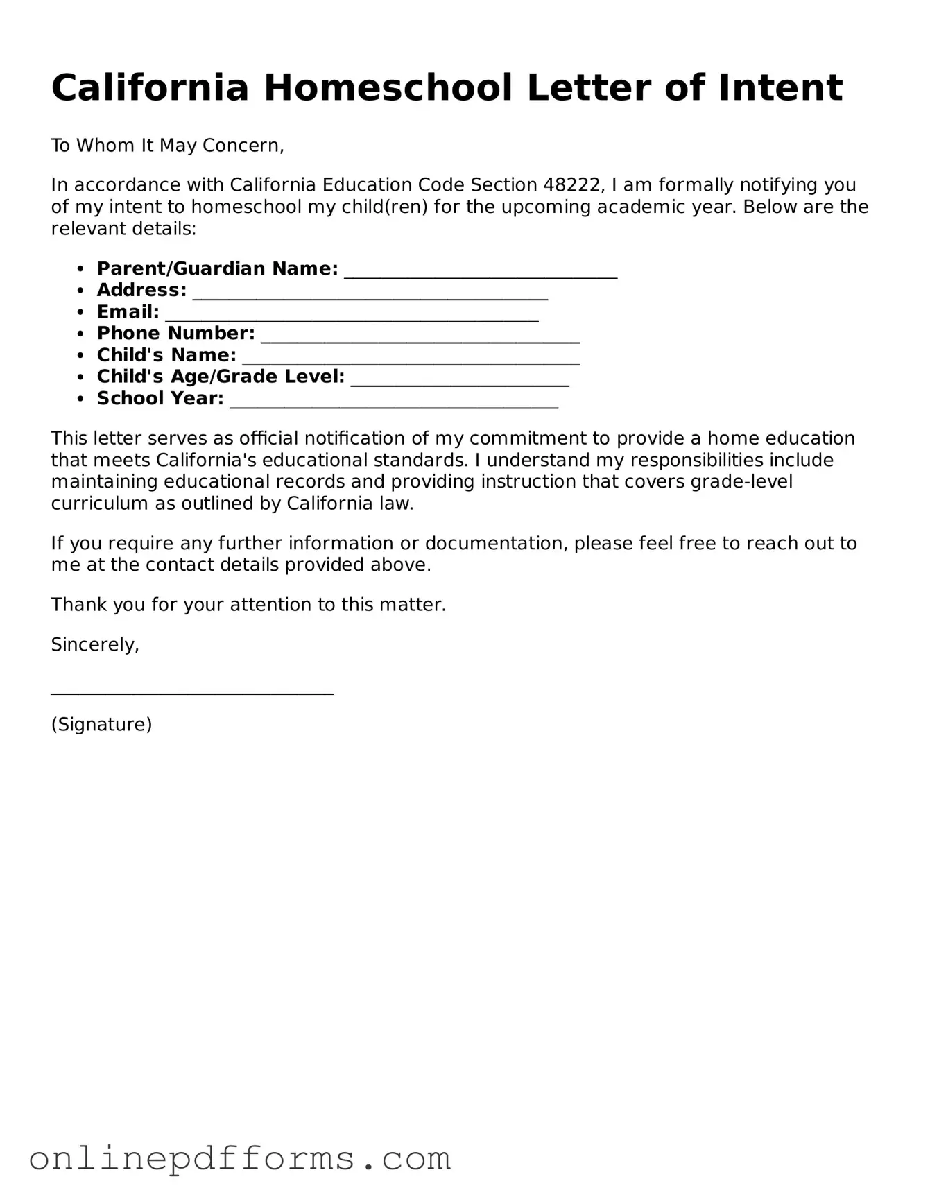 Blank California Homeschool Letter of Intent Form