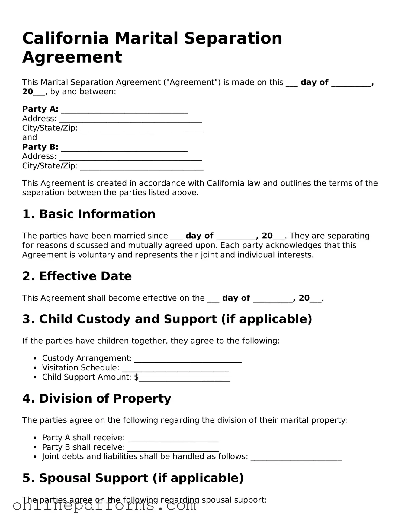 Blank California Marital Separation Agreement Form