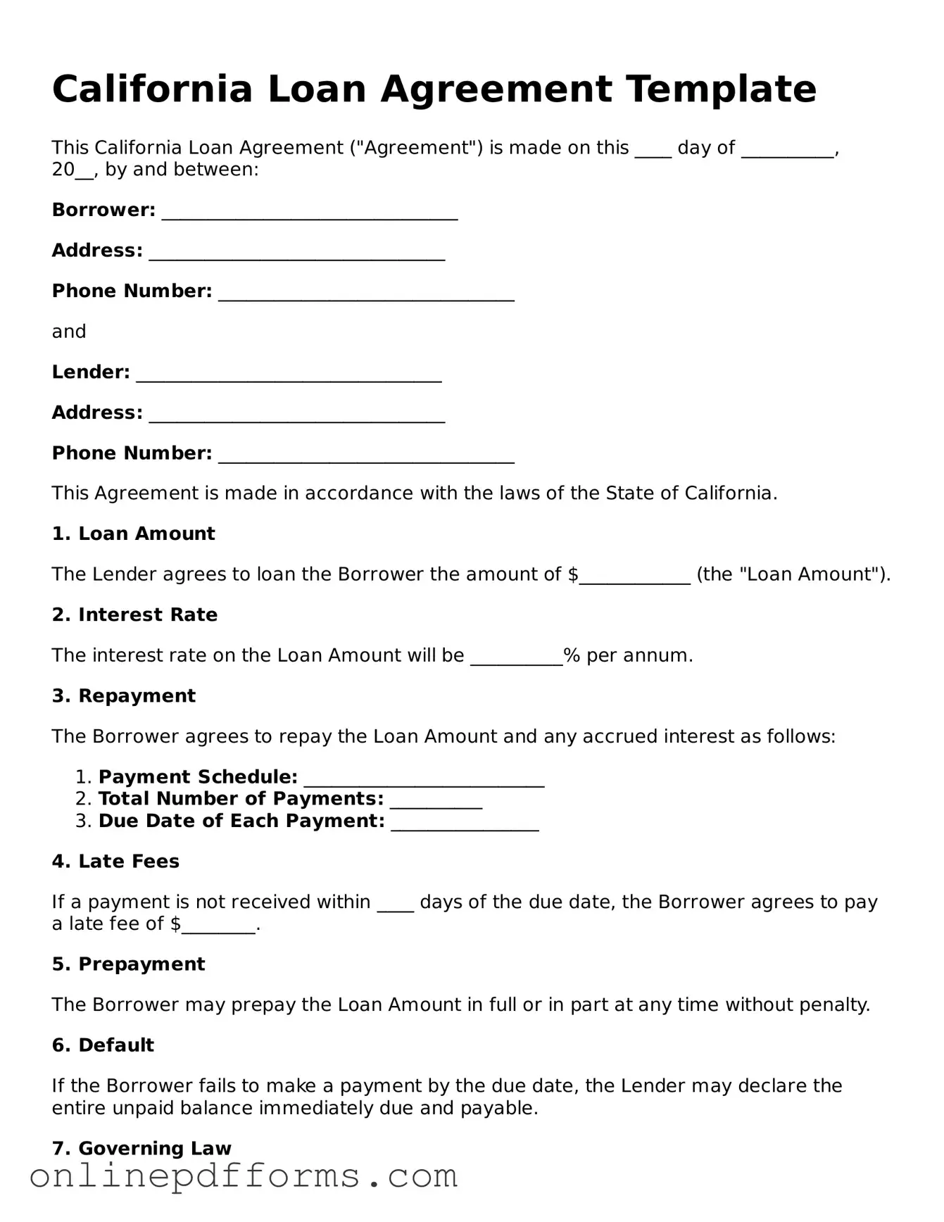 Blank California Loan Agreement Form