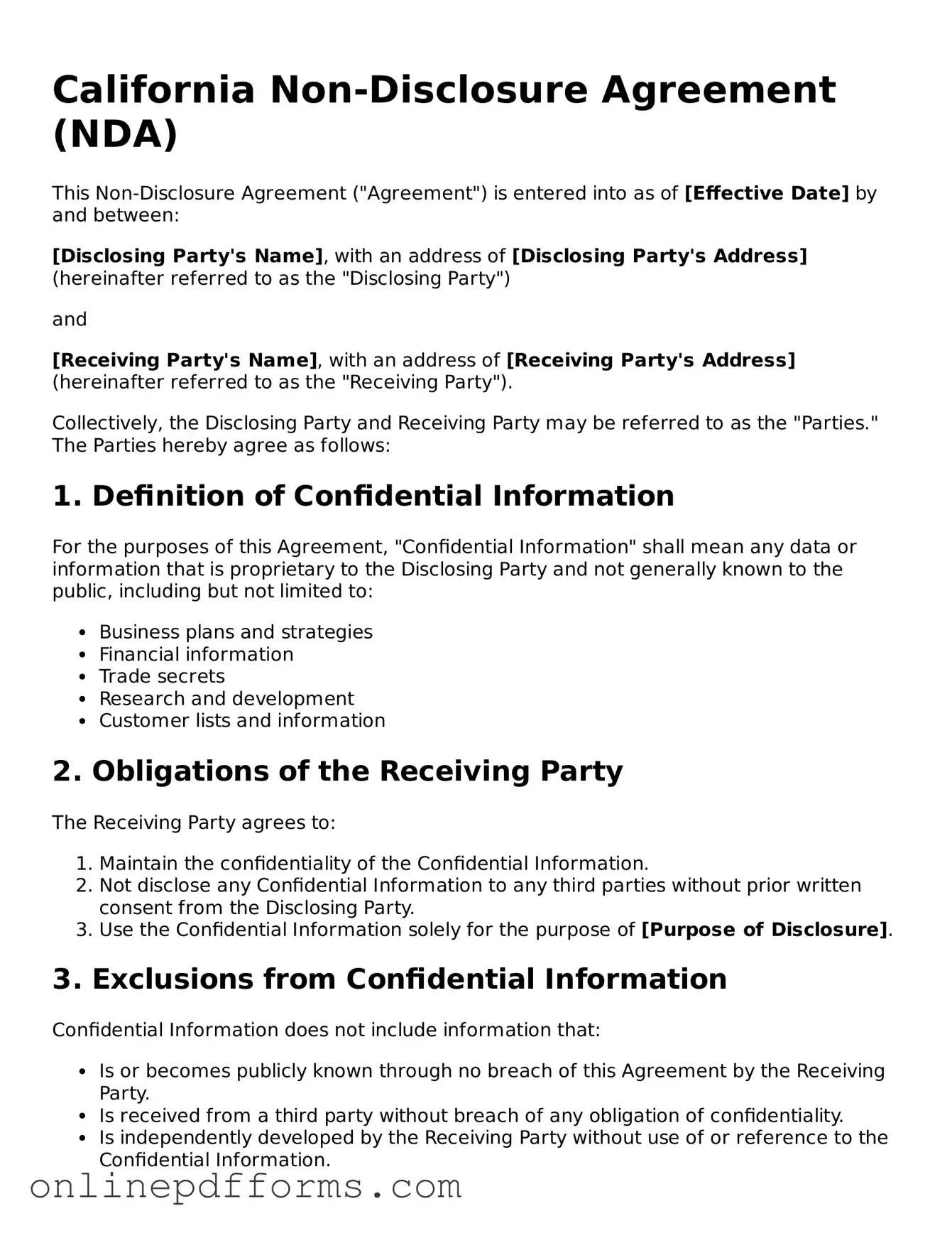 Blank California Non-disclosure Agreement Form