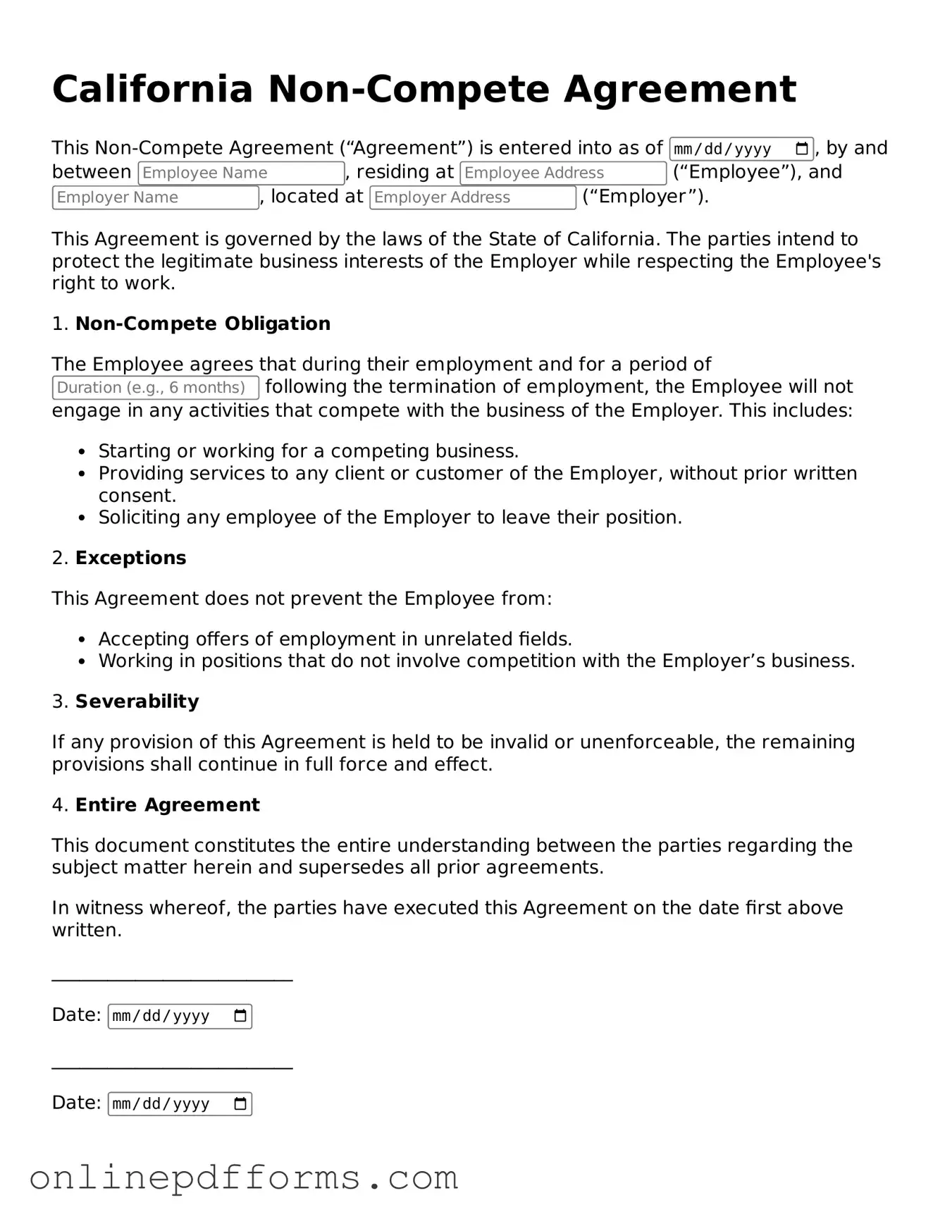 Blank California Non-compete Agreement Form