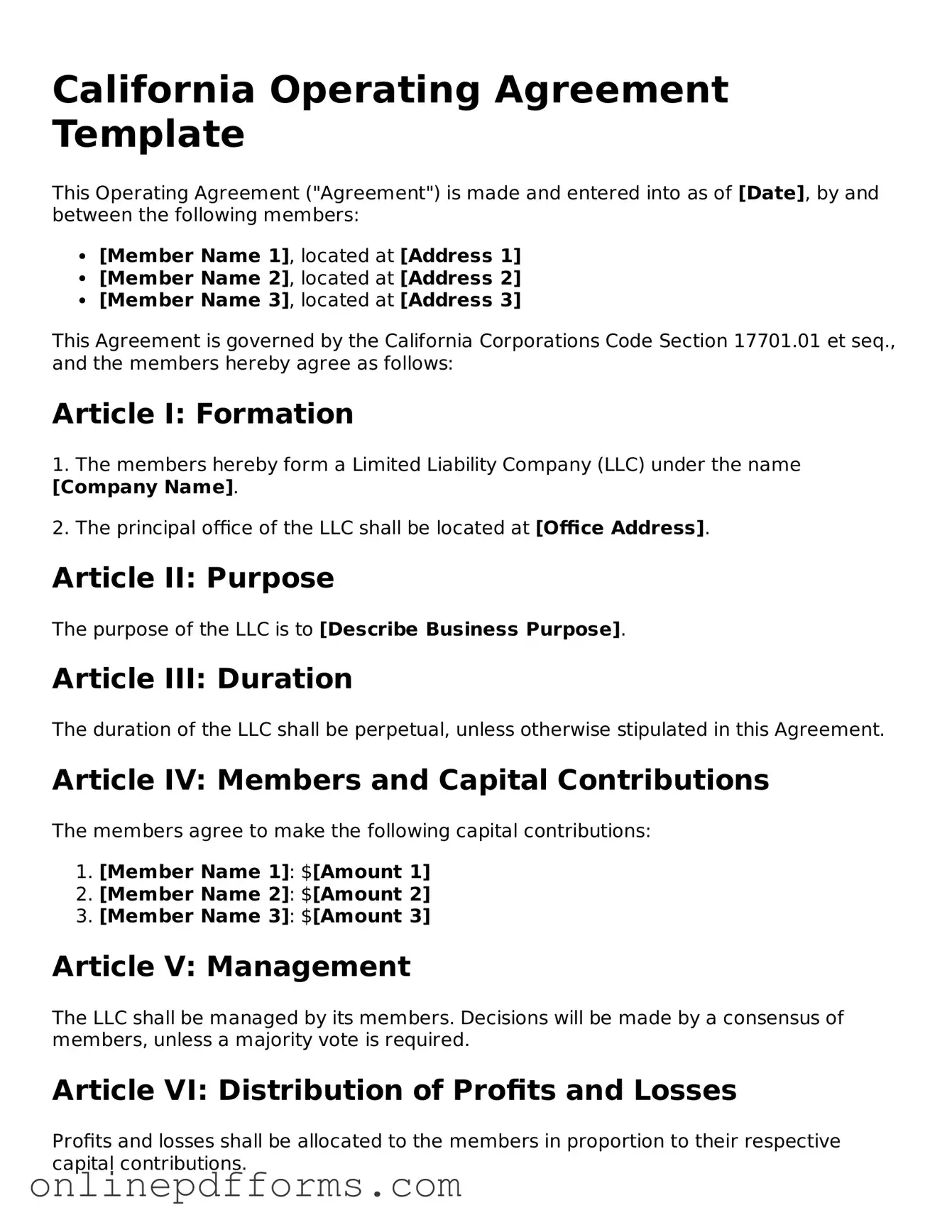 Blank California Operating Agreement Form