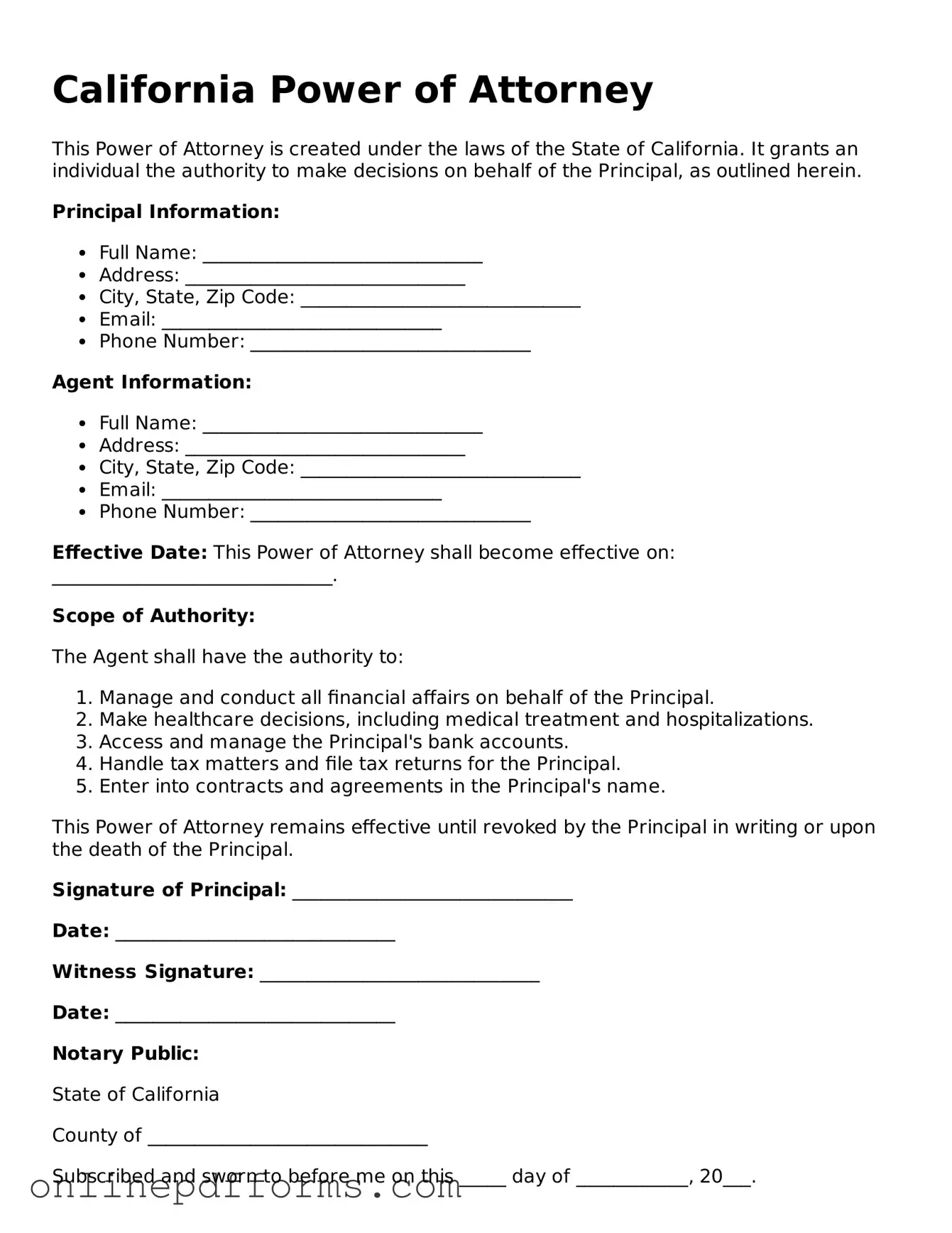 Blank California Power of Attorney Form