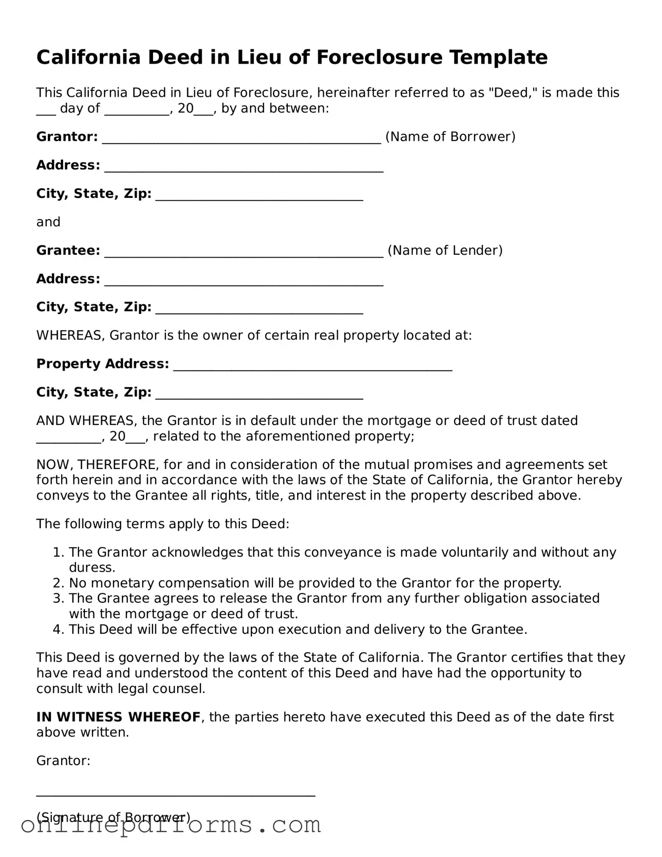 Blank California Deed in Lieu of Foreclosure Form