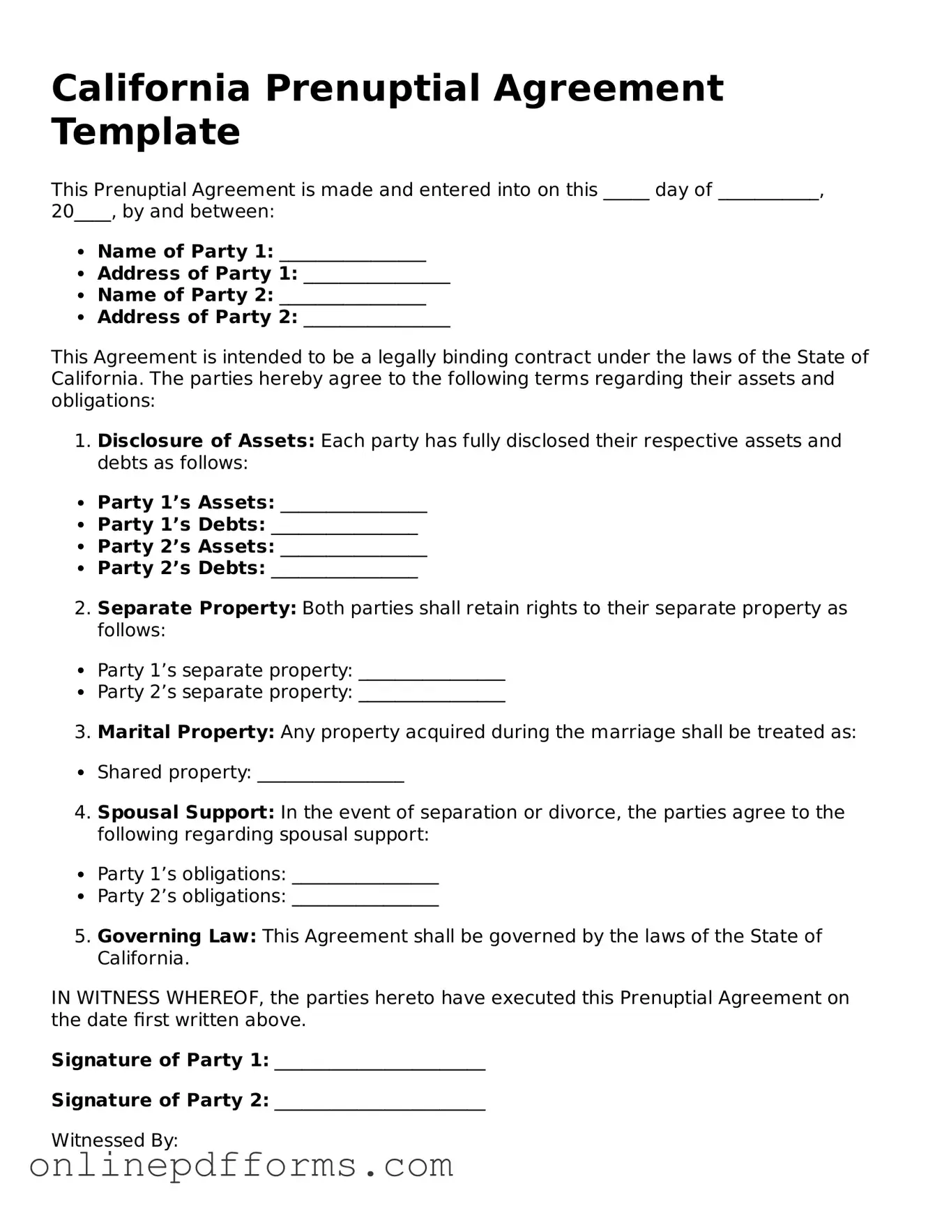Blank California Prenuptial Agreement Form